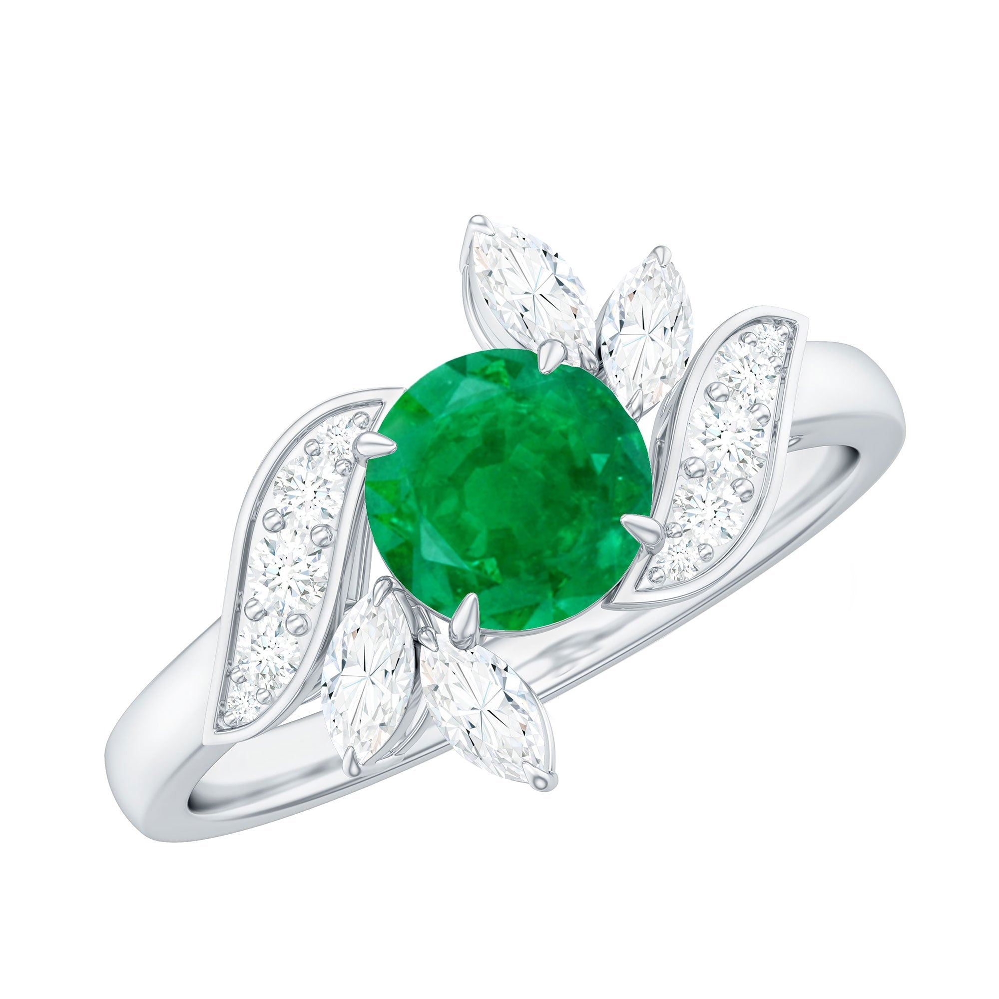 Emerald Engagement Ring – Natural Gemstone Ring with Diamond & Leaf Motif Design