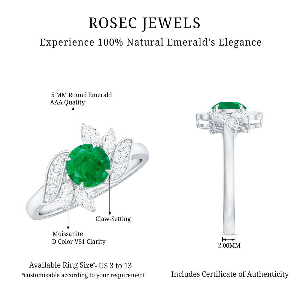 Emerald Engagement Ring – Natural Gemstone Ring with Diamond & Leaf Motif Design
