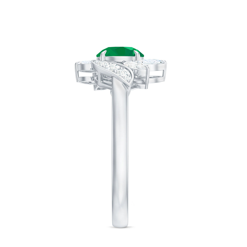 Emerald Engagement Ring – Natural Gemstone Ring with Diamond & Leaf Motif Design