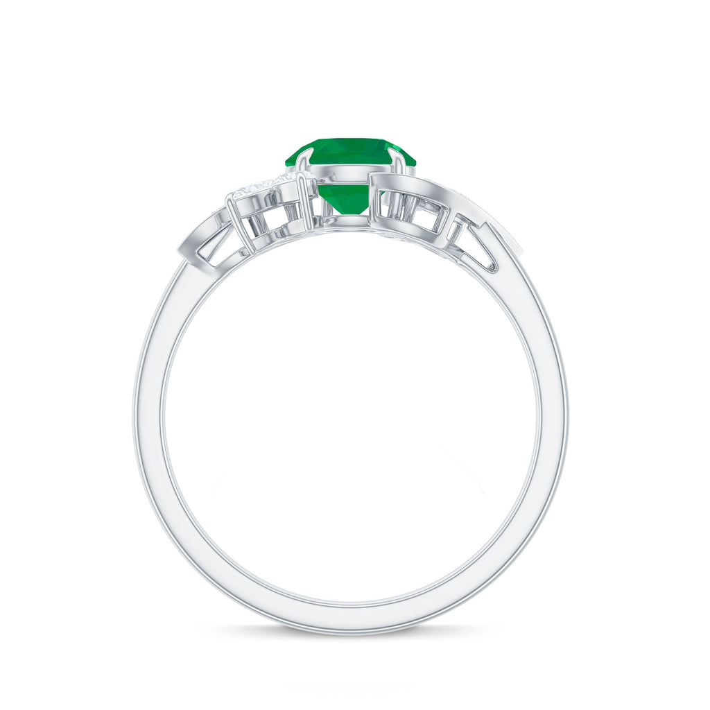 Emerald Engagement Ring – Natural Gemstone Ring with Diamond & Leaf Motif Design