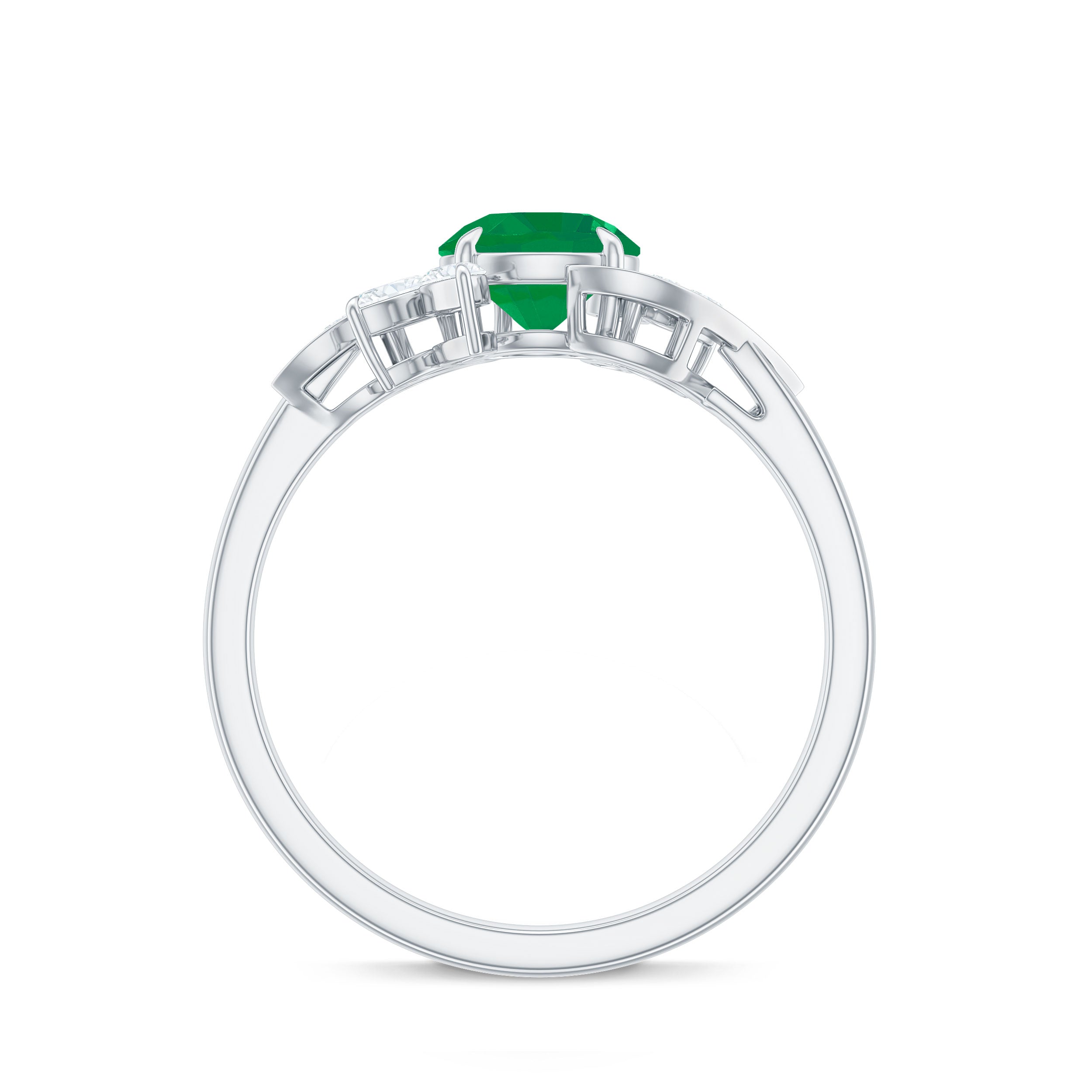 Emerald Engagement Ring – Natural Gemstone Ring with Diamond & Leaf Motif Design