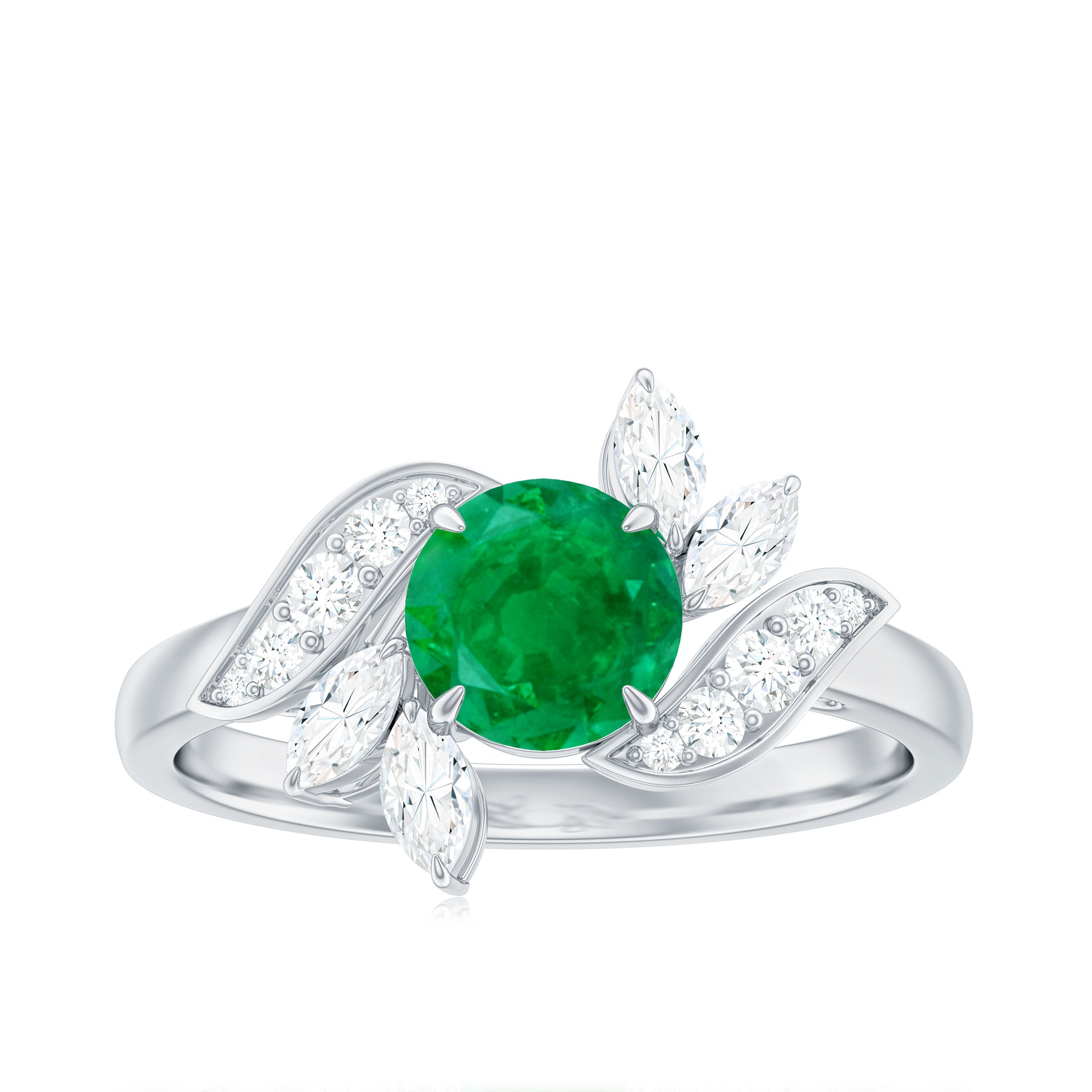 Emerald Engagement Ring – Natural Gemstone Ring with Diamond & Leaf Motif Design