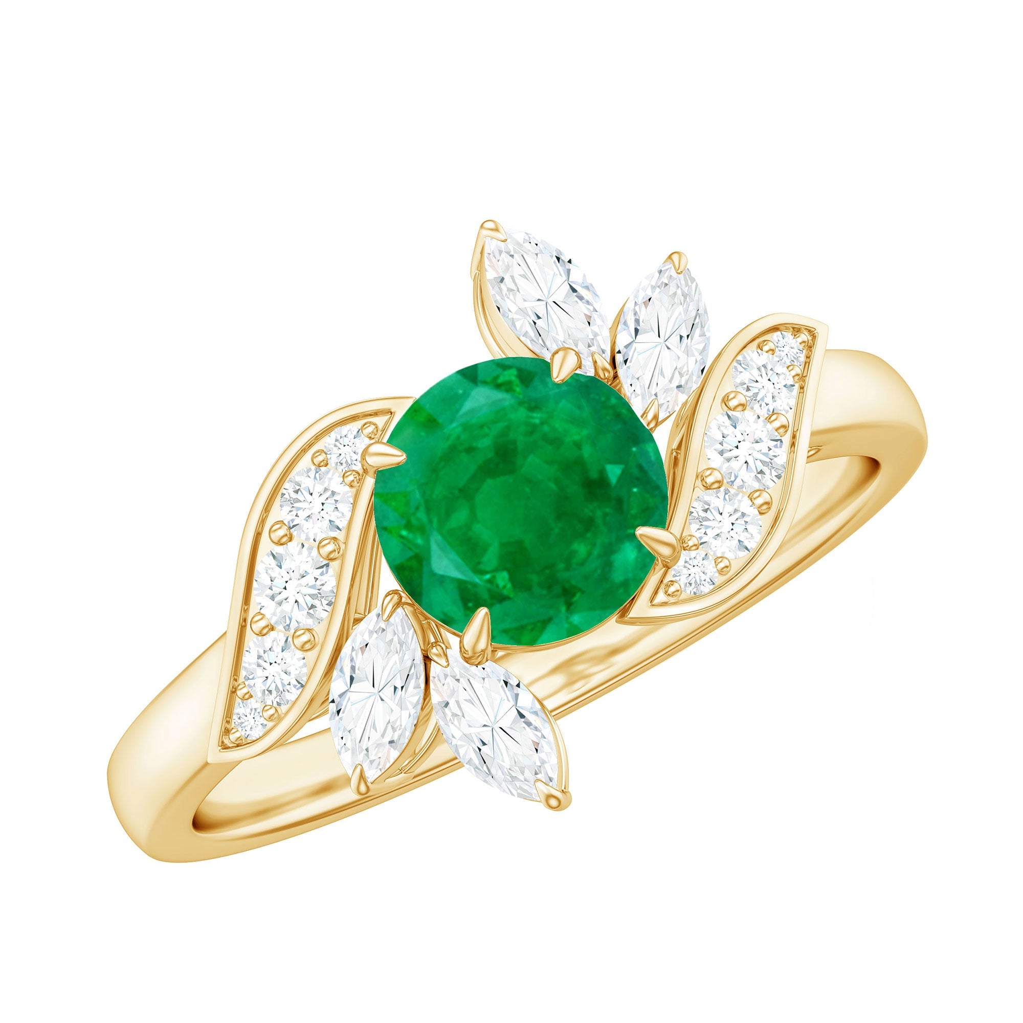 Emerald Engagement Ring – Natural Gemstone Ring with Diamond & Leaf Motif Design