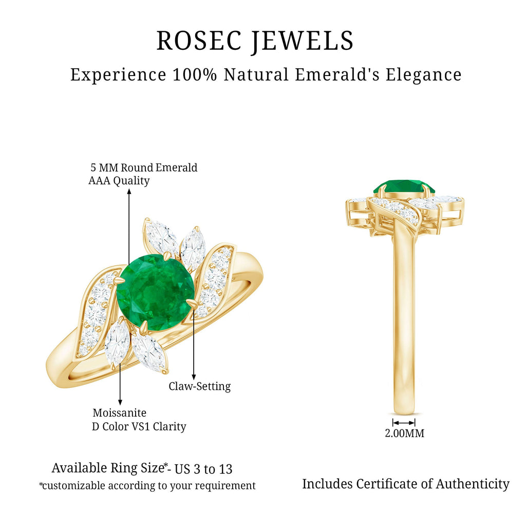 Emerald Engagement Ring – Natural Gemstone Ring with Diamond & Leaf Motif Design