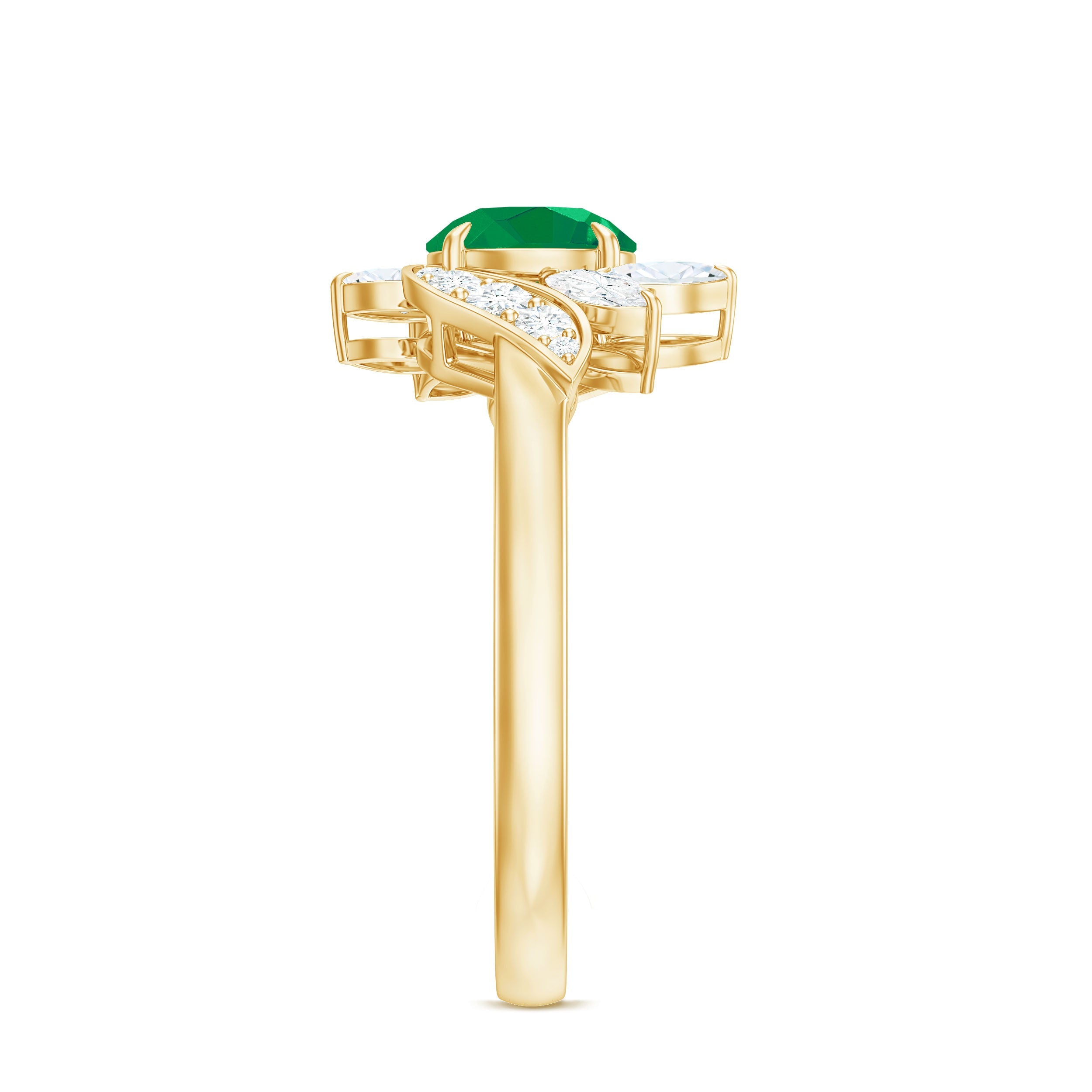 Emerald Engagement Ring – Natural Gemstone Ring with Diamond & Leaf Motif Design