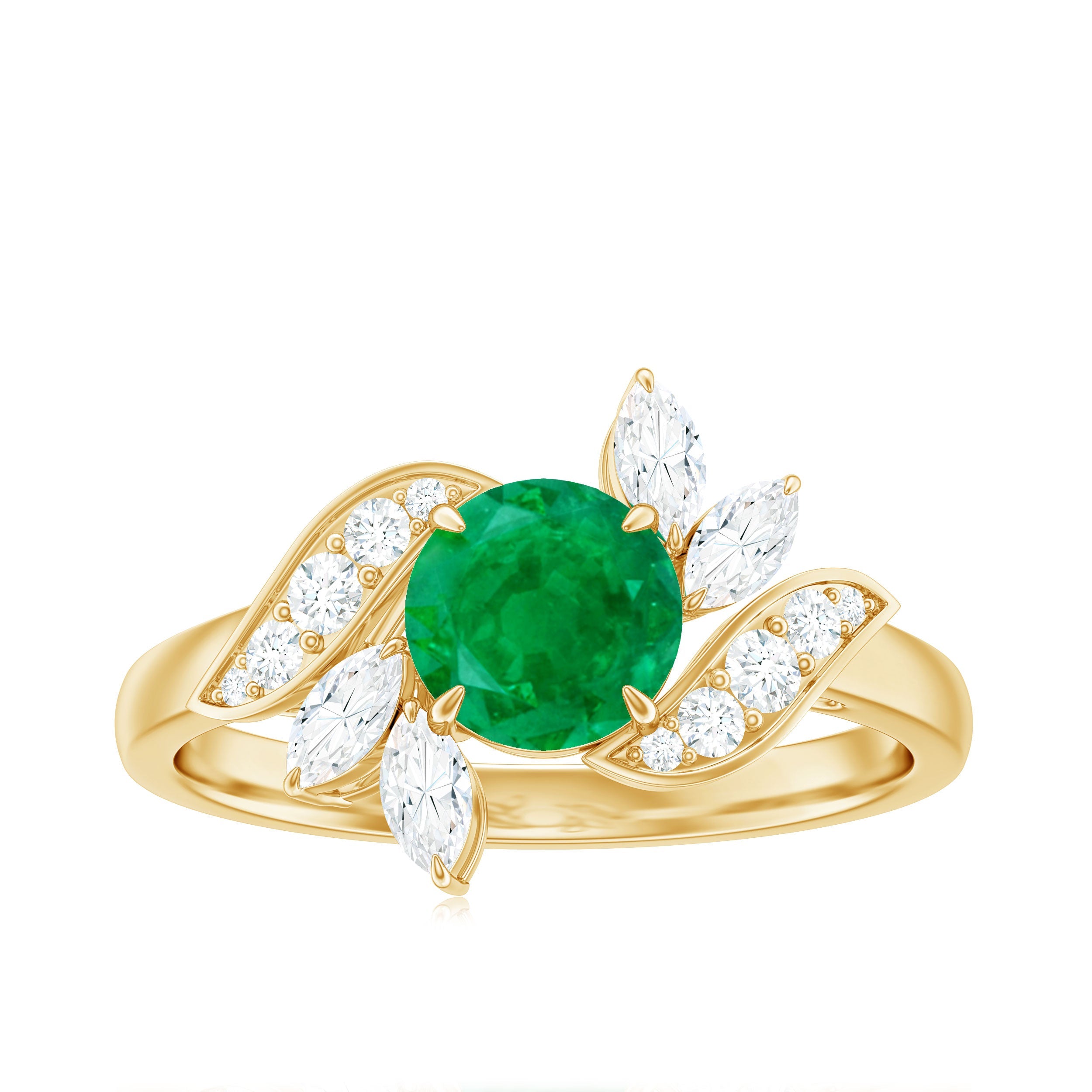 Emerald Engagement Ring – Natural Gemstone Ring with Diamond & Leaf Motif Design
