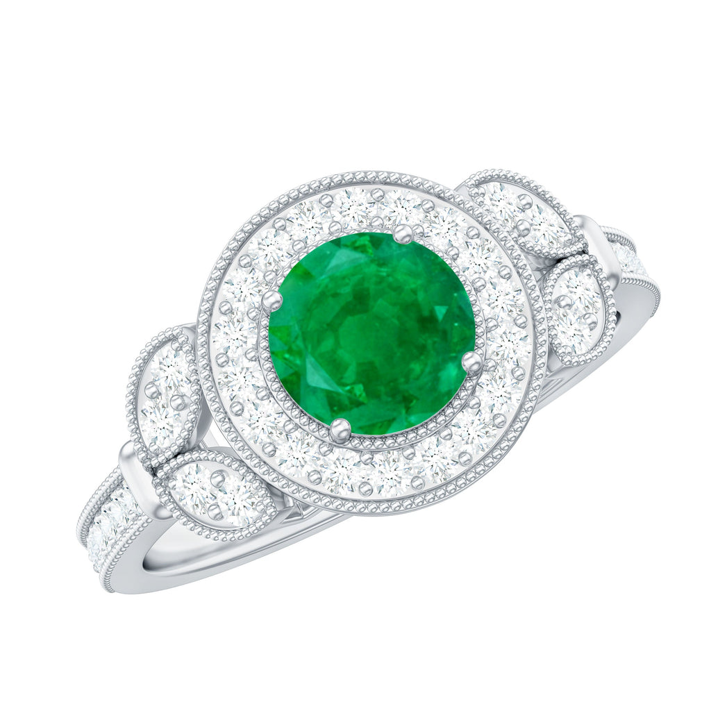 Emerald Engagement Ring – Vintage 5mm Emerald Halo Diamond Band With Beaded Detailing