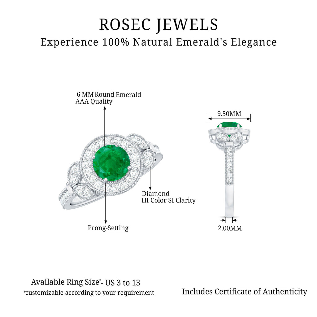 Emerald Engagement Ring – Vintage 5mm Emerald Halo Diamond Band With Beaded Detailing