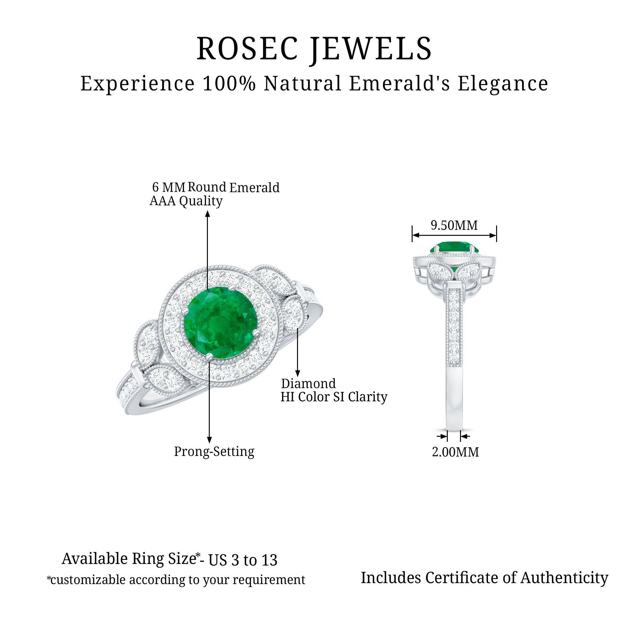 Emerald Engagement Ring – Vintage 5mm Emerald Halo Diamond Band With Beaded Detailing