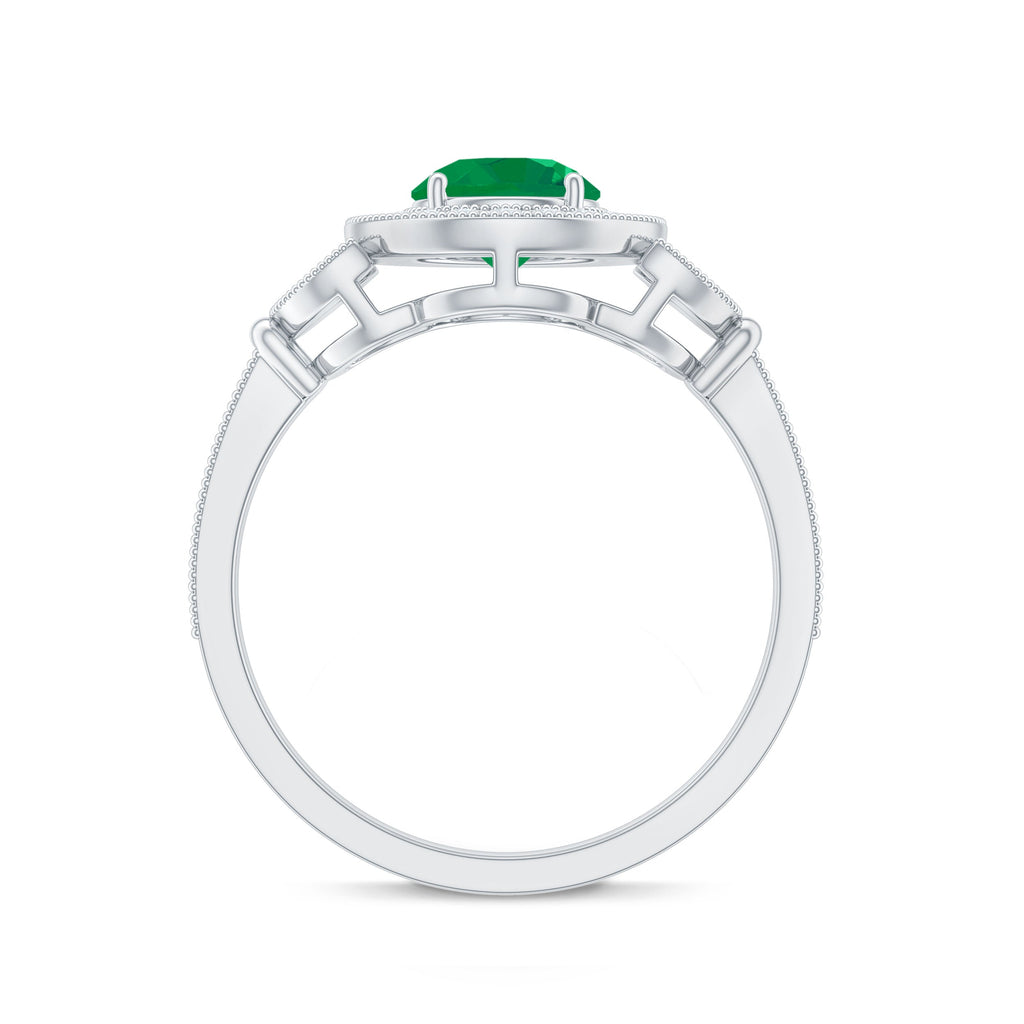 Emerald Engagement Ring – Vintage 5mm Emerald Halo Diamond Band With Beaded Detailing