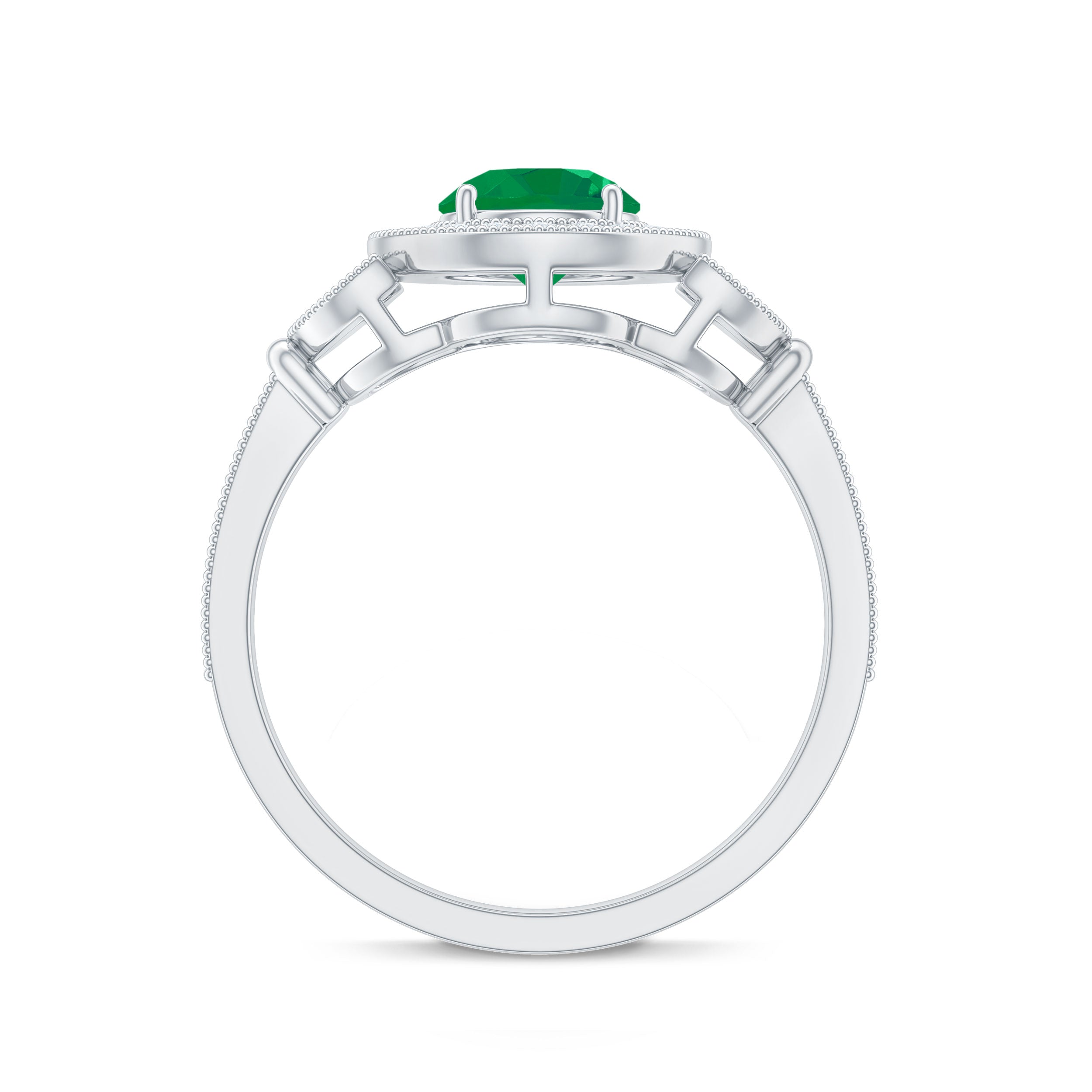 Emerald Engagement Ring – Vintage 5mm Emerald Halo Diamond Band With Beaded Detailing