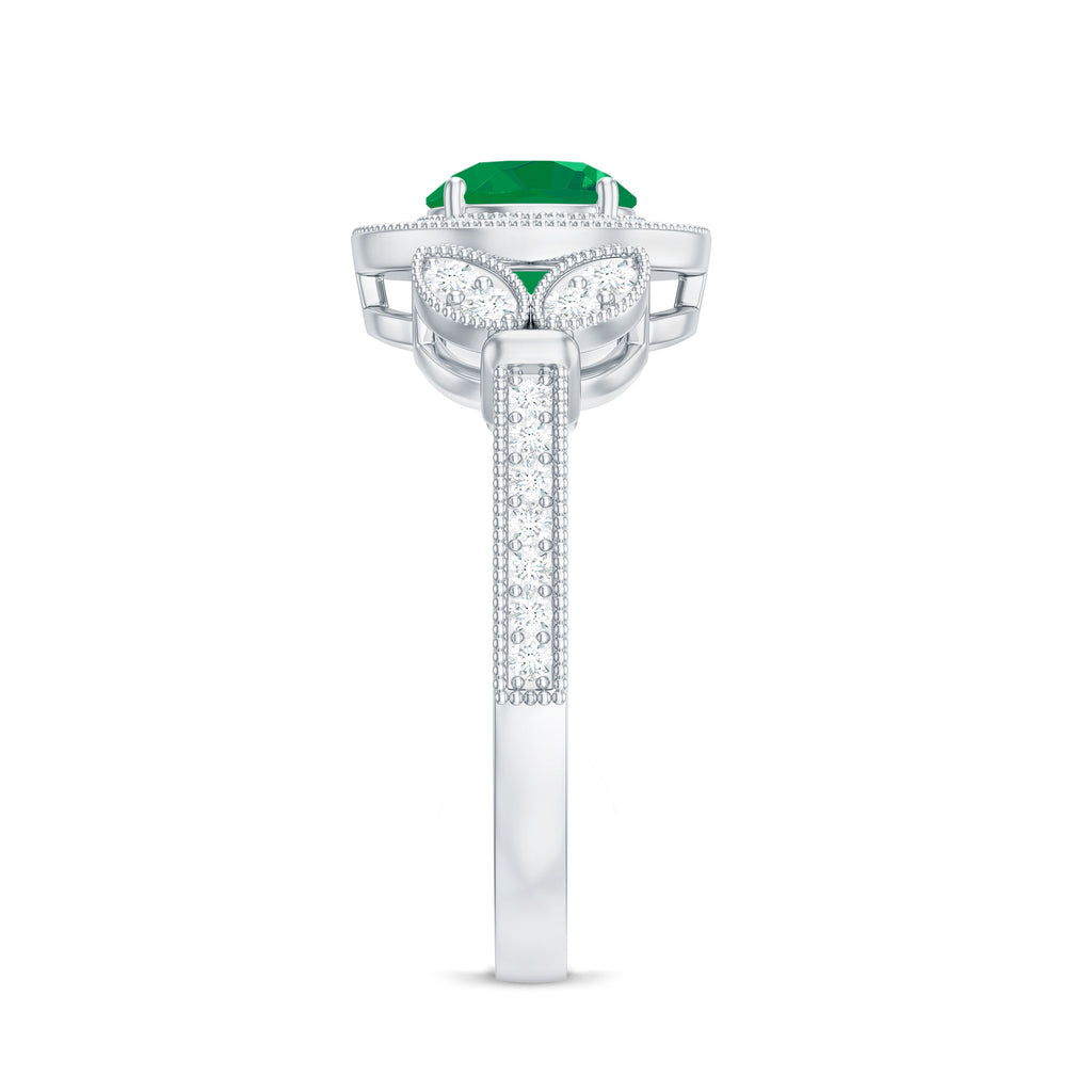 Emerald Engagement Ring – Vintage 5mm Emerald Halo Diamond Band With Beaded Detailing