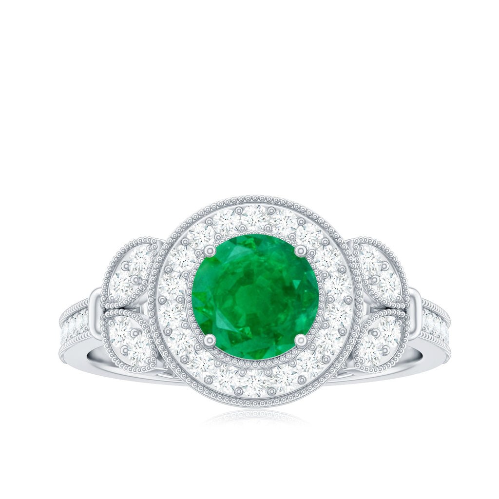 Emerald Engagement Ring – Vintage 5mm Emerald Halo Diamond Band With Beaded Detailing