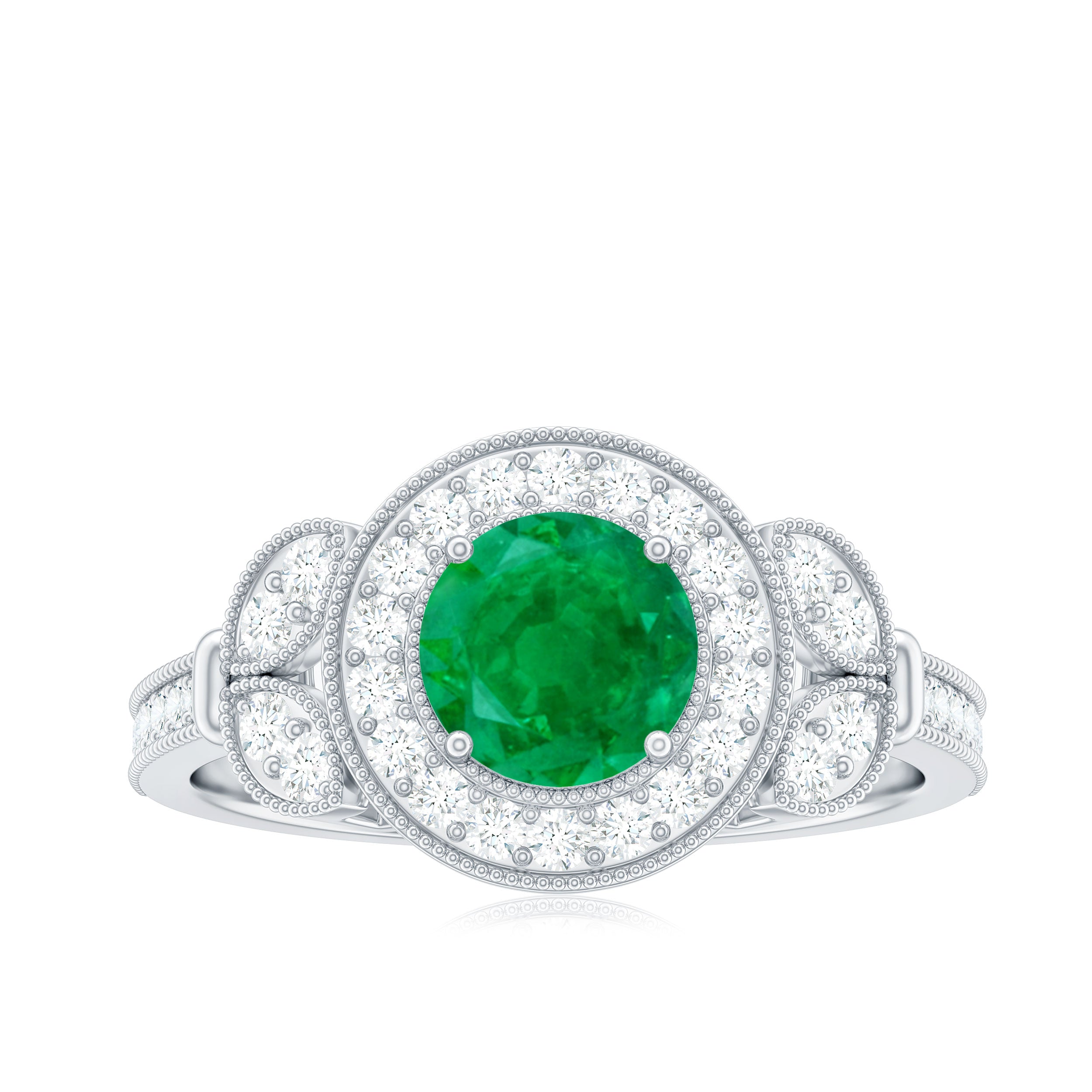 Emerald Engagement Ring – Vintage 5mm Emerald Halo Diamond Band With Beaded Detailing