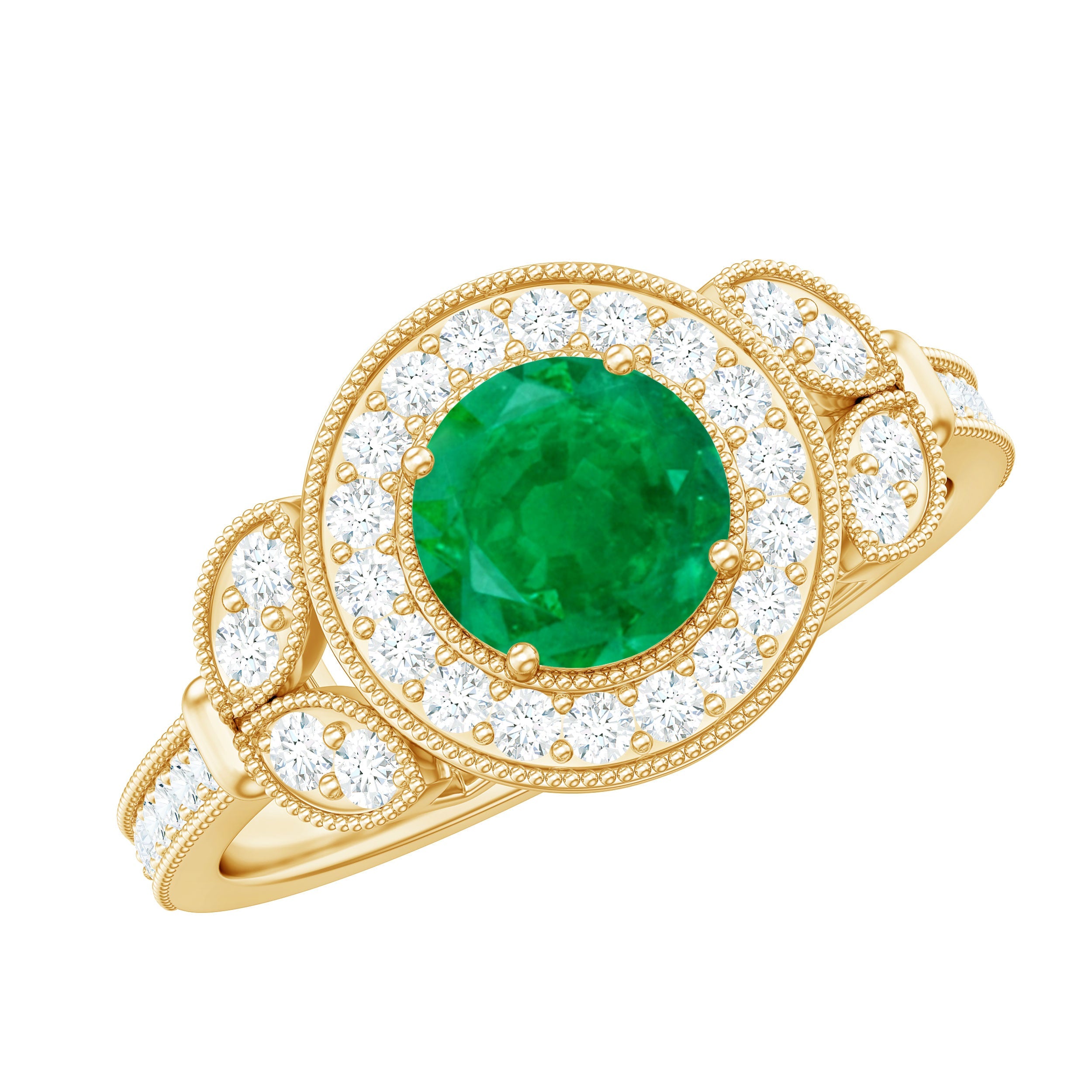Emerald Engagement Ring – Vintage 5mm Emerald Halo Diamond Band With Beaded Detailing