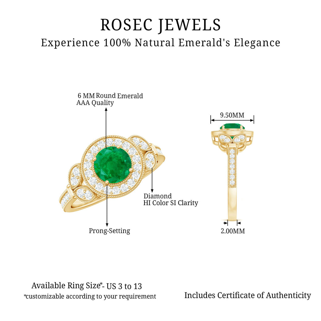 Emerald Engagement Ring – Vintage 5mm Emerald Halo Diamond Band With Beaded Detailing