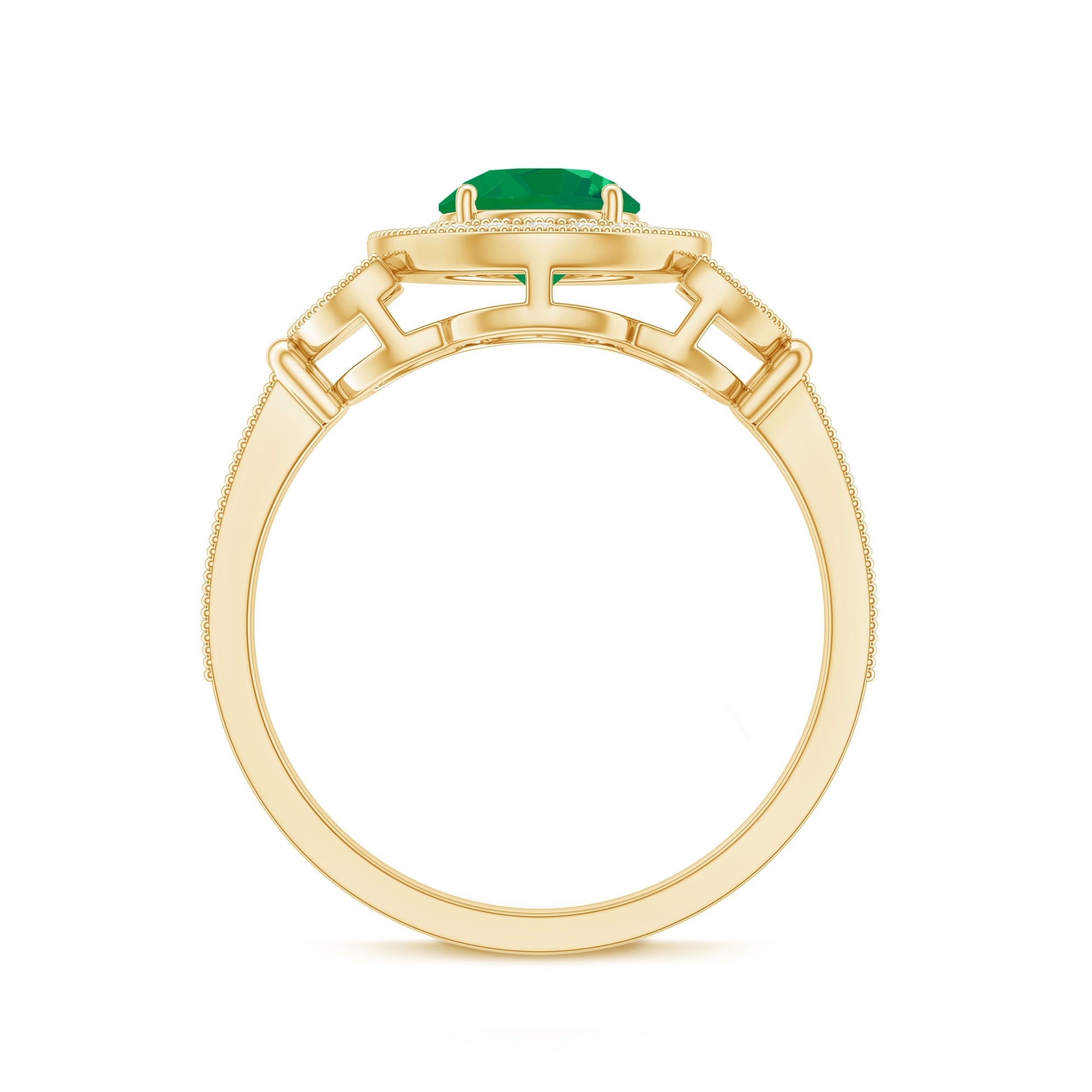 Emerald Engagement Ring – Vintage 5mm Emerald Halo Diamond Band With Beaded Detailing