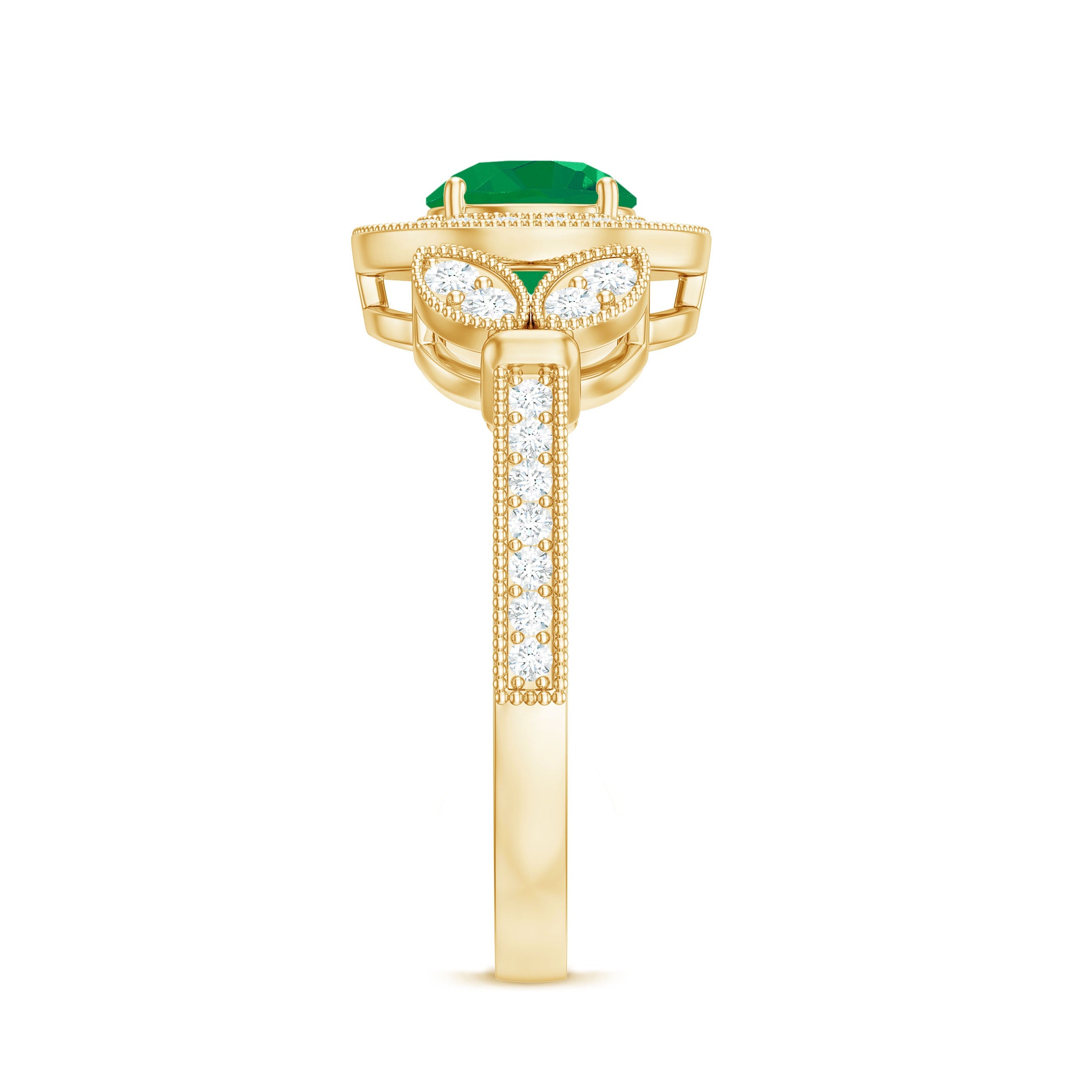 Emerald Engagement Ring – Vintage 5mm Emerald Halo Diamond Band With Beaded Detailing