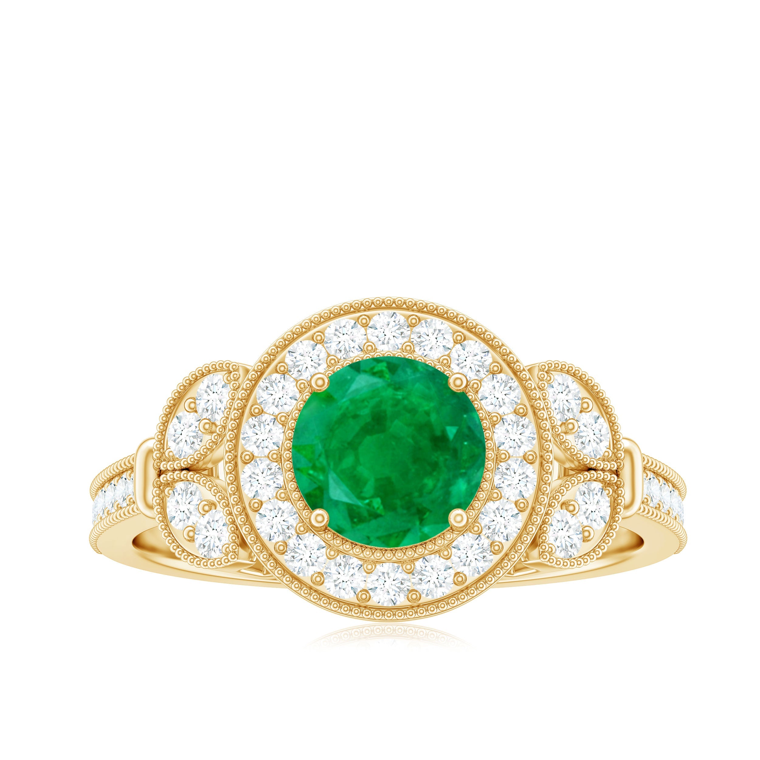 Emerald Engagement Ring – Vintage 5mm Emerald Halo Diamond Band With Beaded Detailing