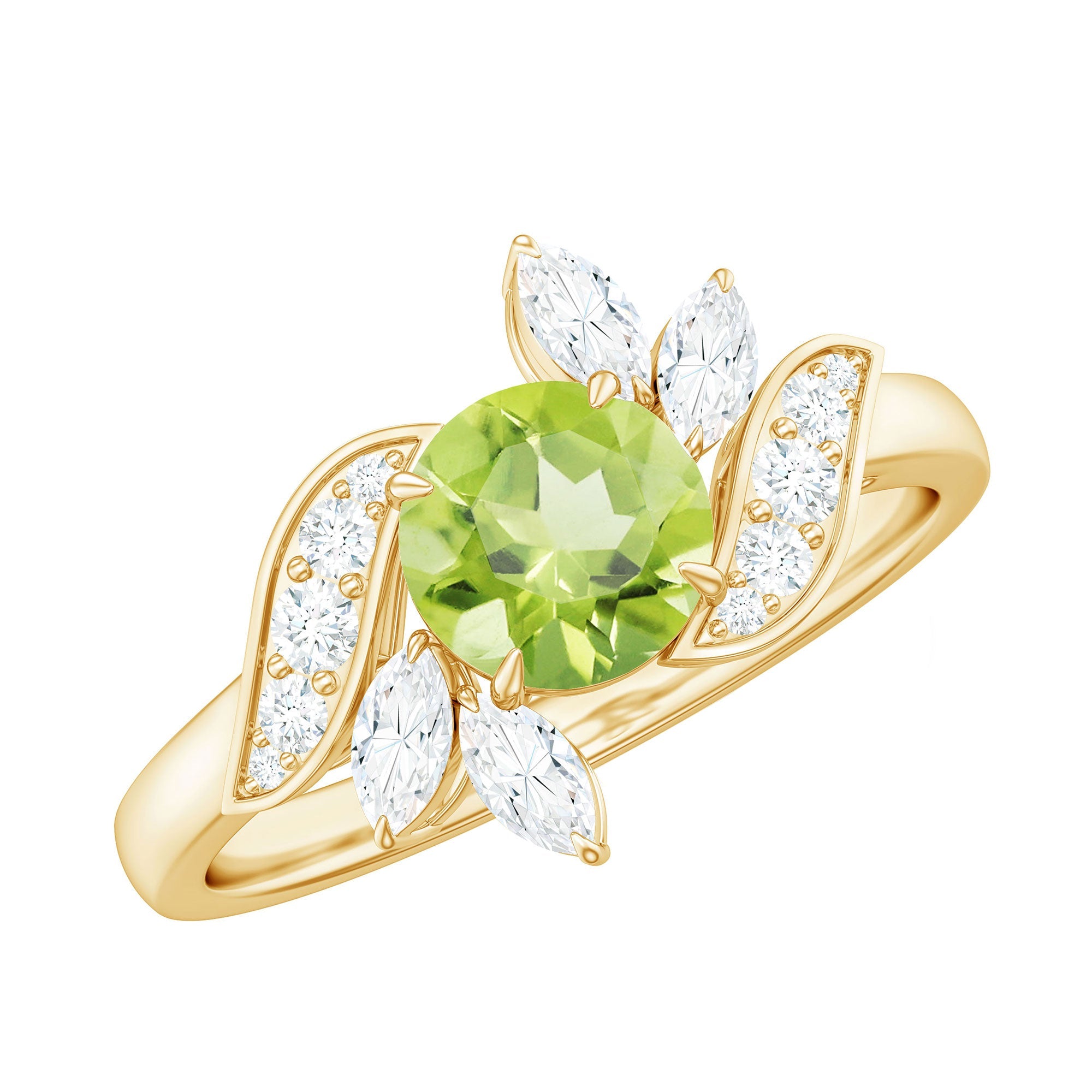 Peridot Engagement Ring – 2 Carat Round Cut Peridot with Marquise Diamond Accents