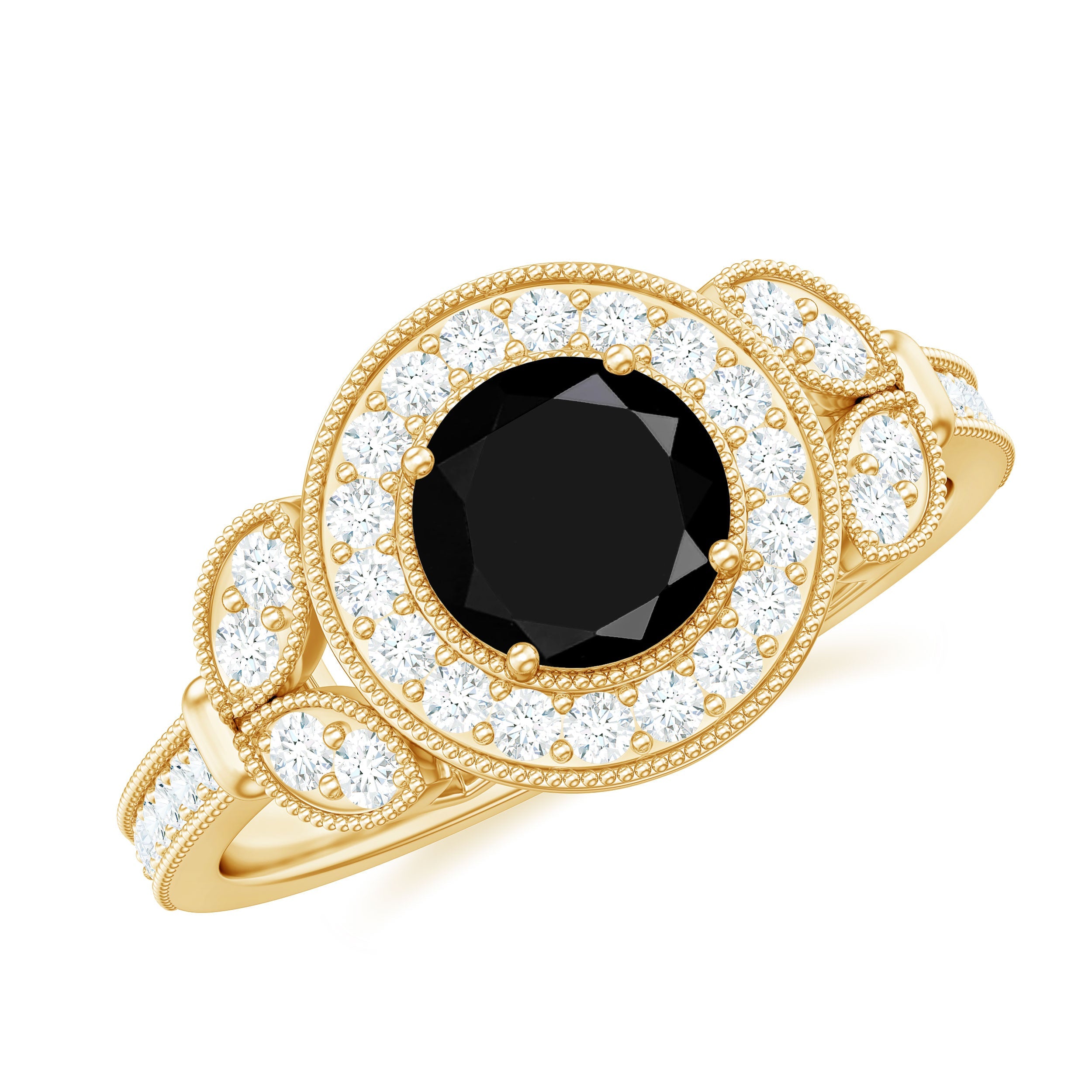 2 Carat Round Black Onyx Vintage Engagement Ring with Diamond Halo