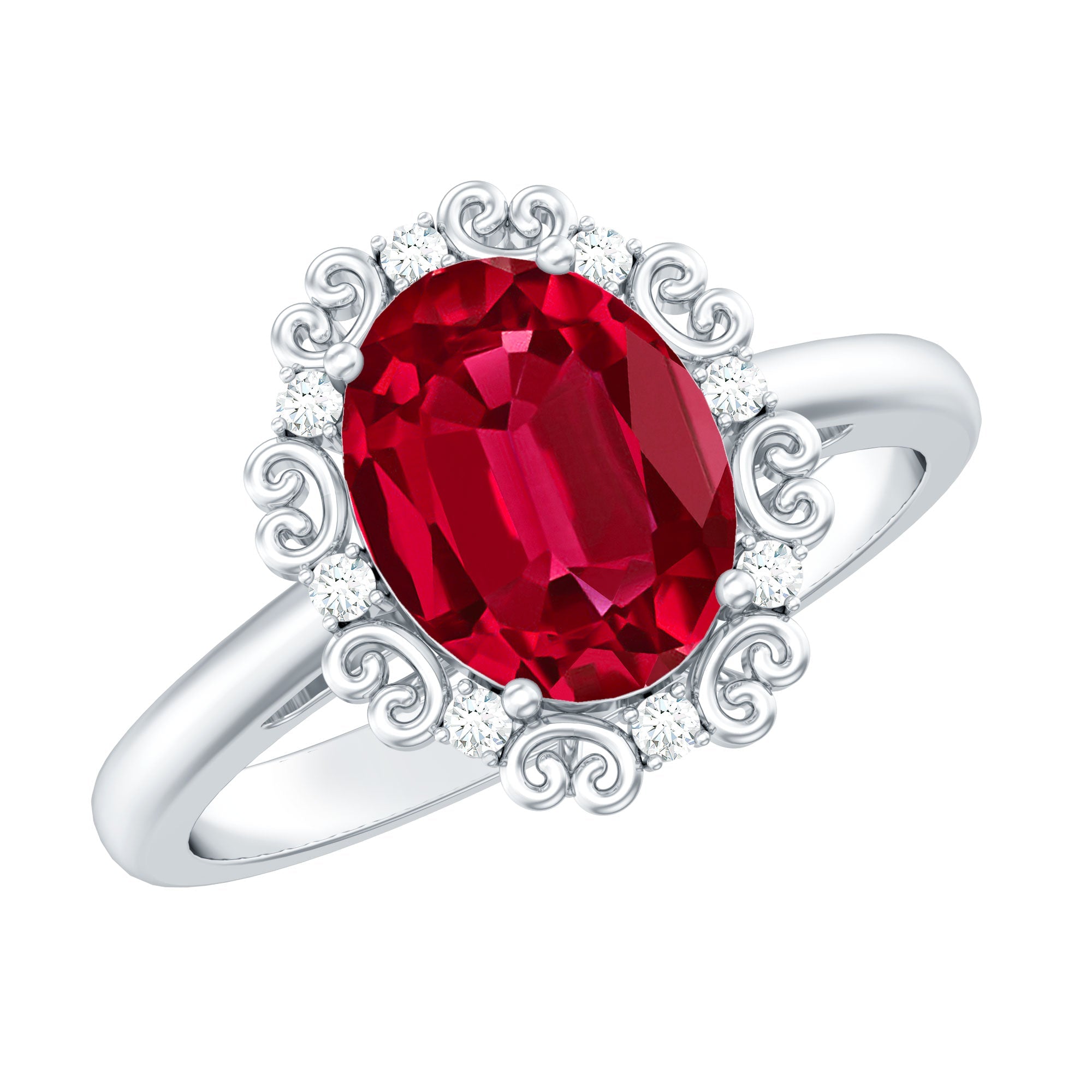 Lab Created Ruby Ring – Vintage Oval Ruby Engagement Band With Diamond Accents