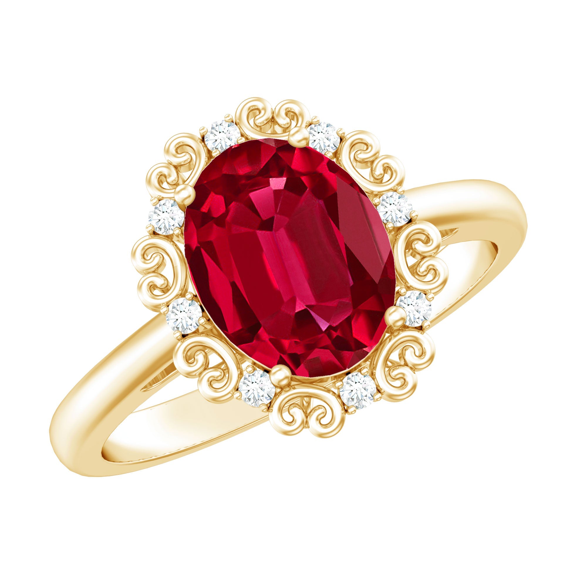Lab Created Ruby Ring – Vintage Oval Ruby Engagement Band With Diamond Accents