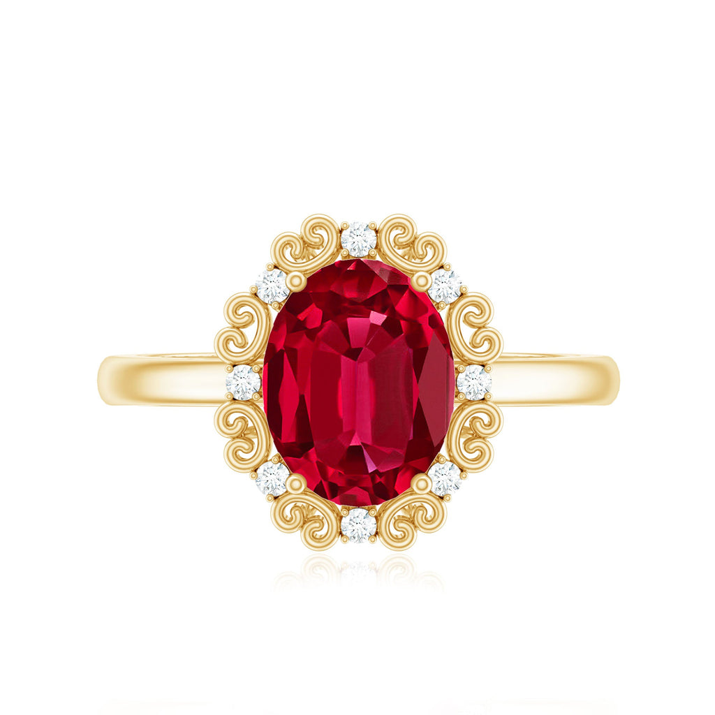 Lab Created Ruby Ring – Vintage Oval Ruby Engagement Band With Diamond Accents