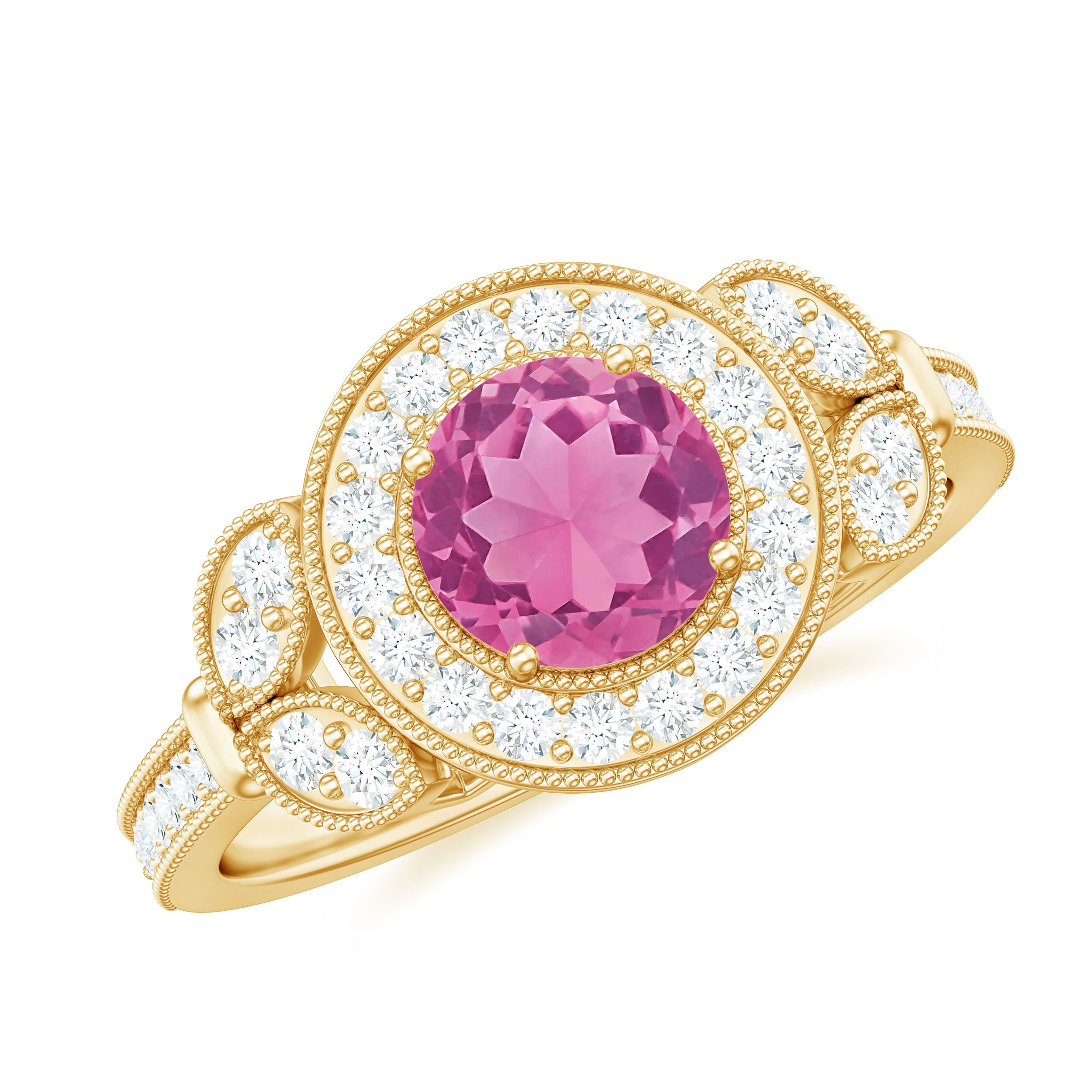 Pink Tourmaline Ring – Vintage Engagement Band with Sparkling Diamond & Prong Setting