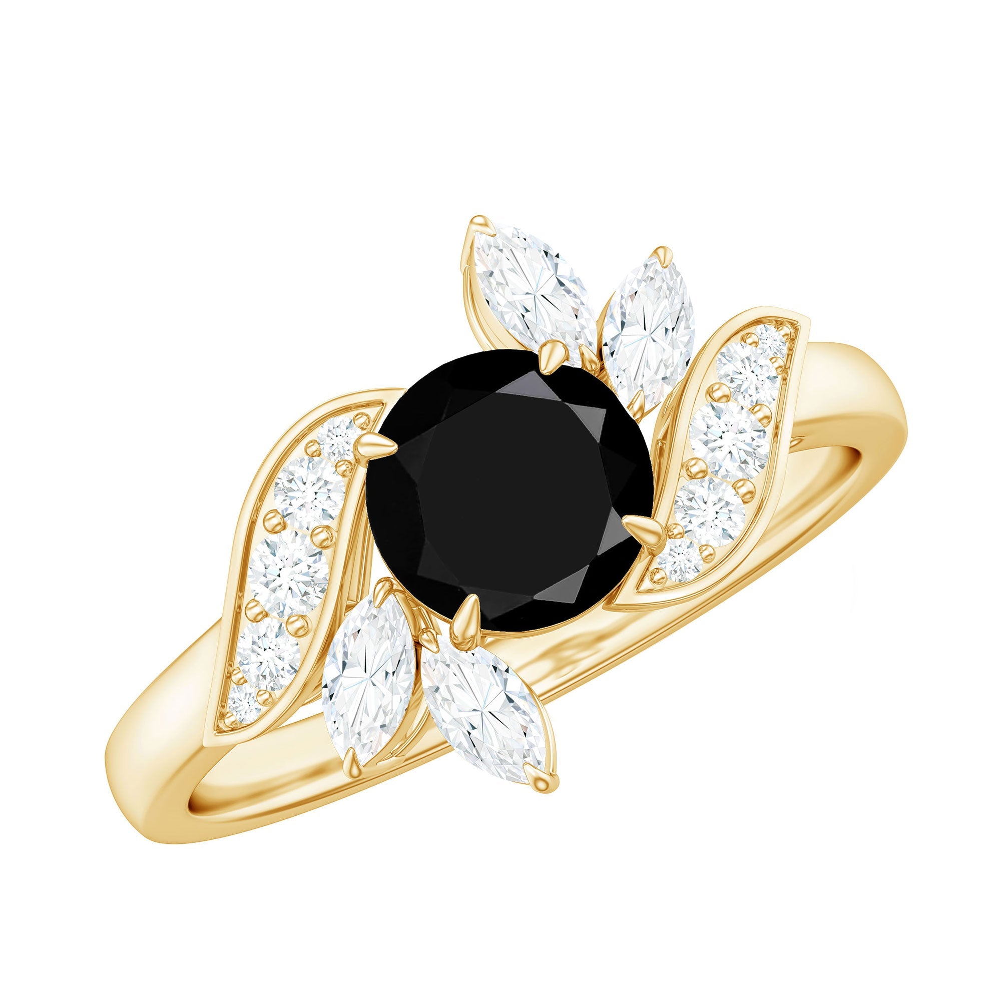 Genuine 2 Carat Round Black Onyx Floral Engagement Ring with Certificate