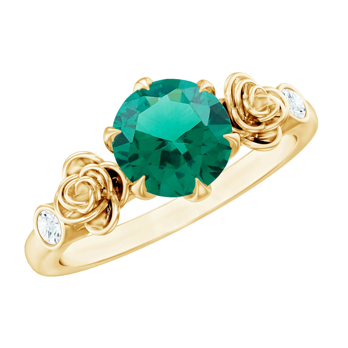 Lab Grown Emerald Ring – 2 Carat Solitaire Emerald Engagement Ring with Flower Motif