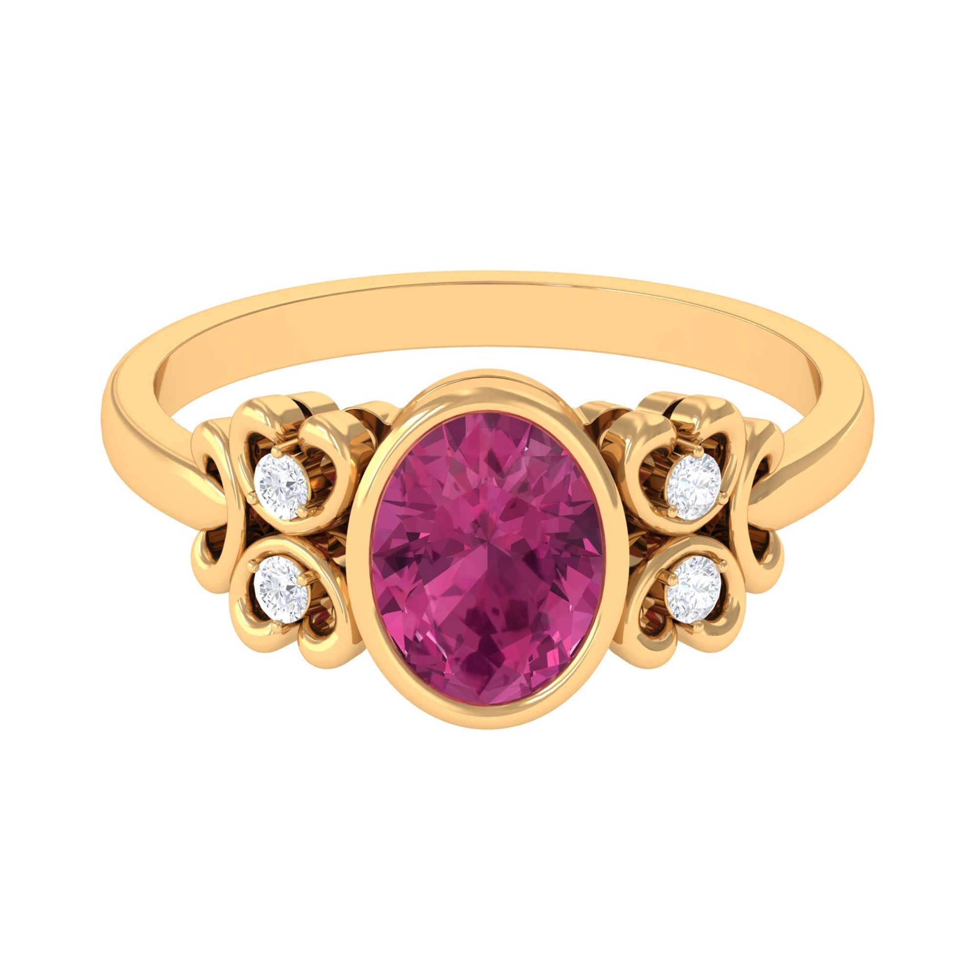 Pink Tourmaline Engagement Ring – Bezel Set Oval Gemstone Diamond Accent Band
