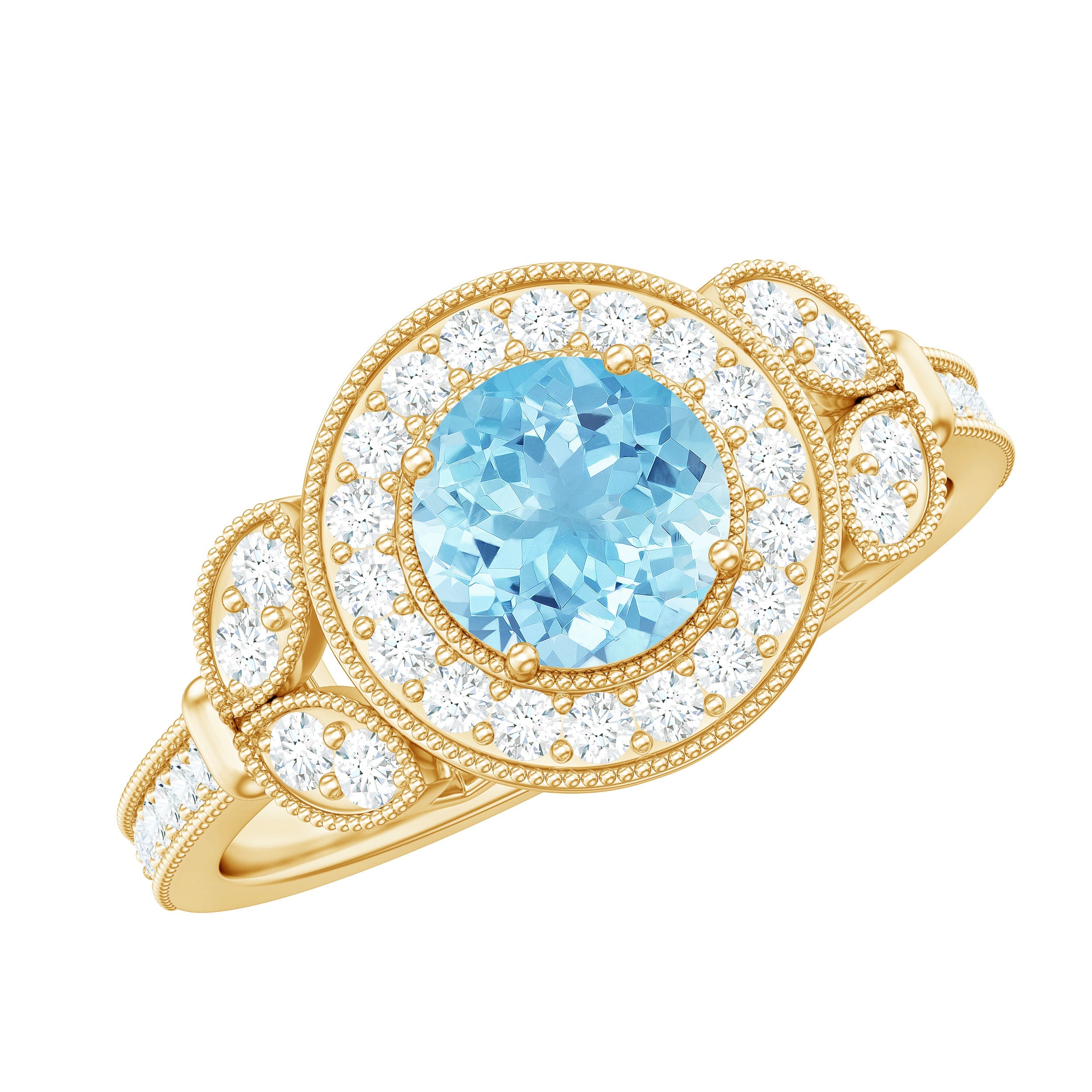 Aquamarine Engagement Ring – Vintage Diamond Halo Ring with AAA Quality Stones
