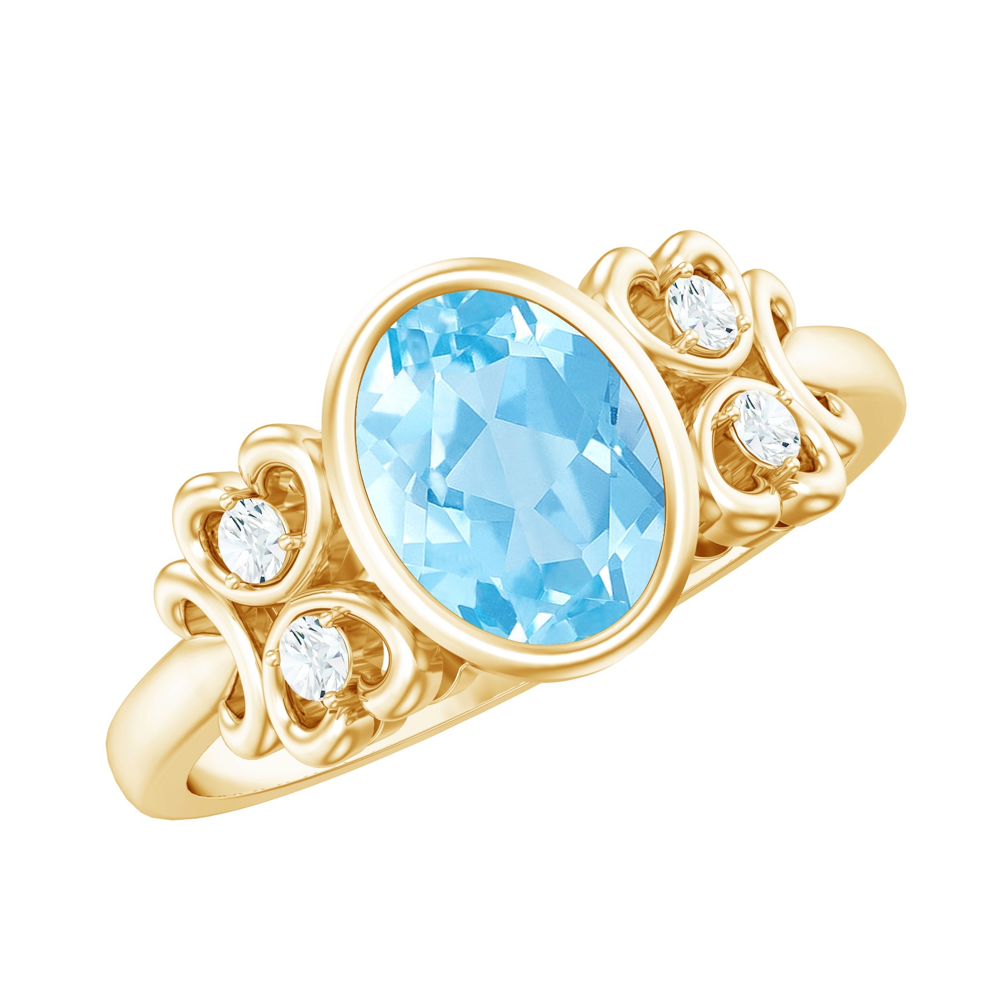 Aquamarine Engagement Ring - 1 Carat Oval Bezel Setting With Diamond Accent