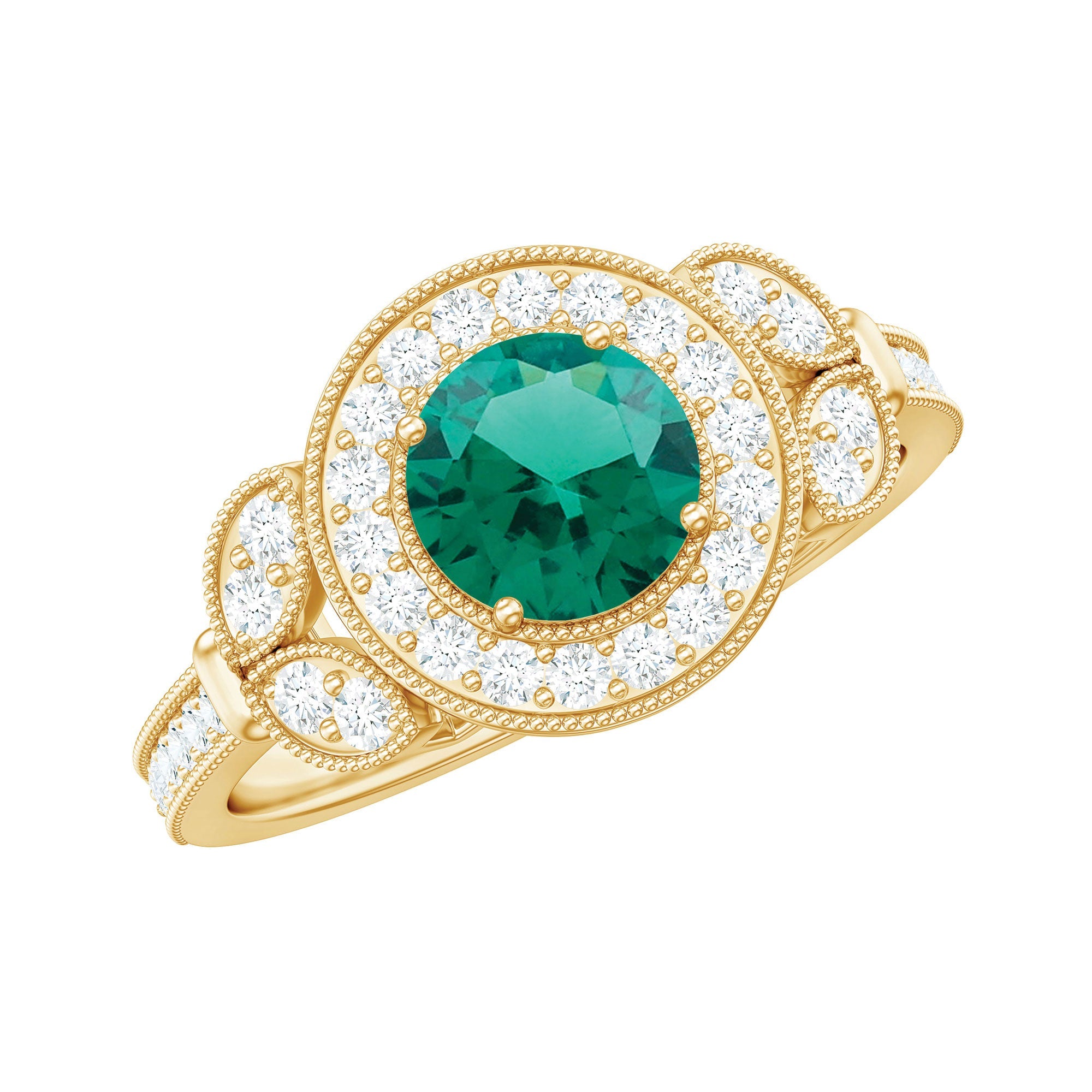 Lab Grown Emerald Ring – Vintage Engagement Halo Diamond Ring with Beaded Detailing