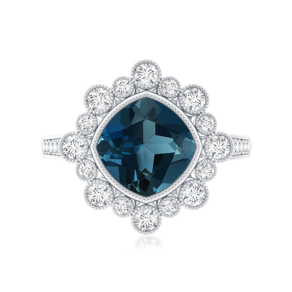 Cushion London Blue Topaz Cocktail Ring with Diamond