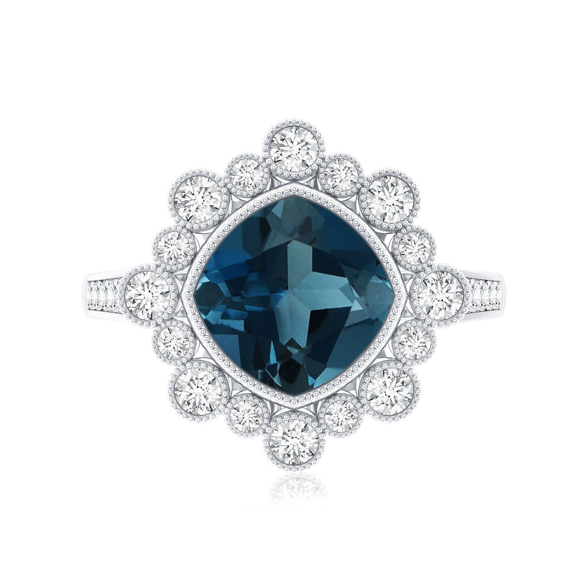 Cushion London Blue Topaz Cocktail Ring with Diamond