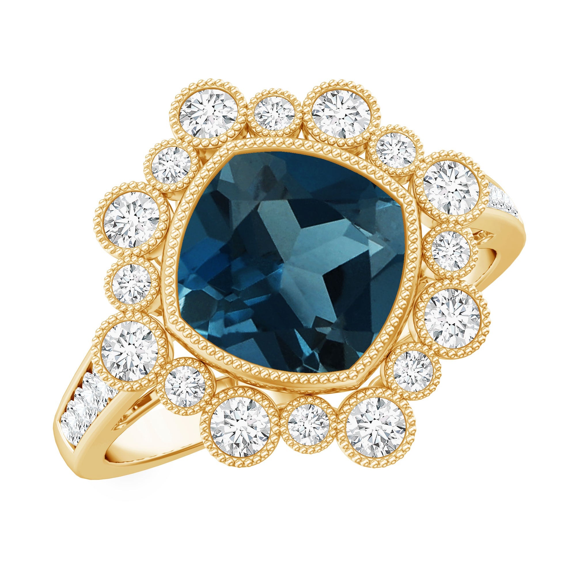 Cushion London Blue Topaz Cocktail Ring with Diamond