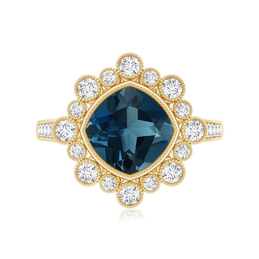 Cushion London Blue Topaz Cocktail Ring with Diamond