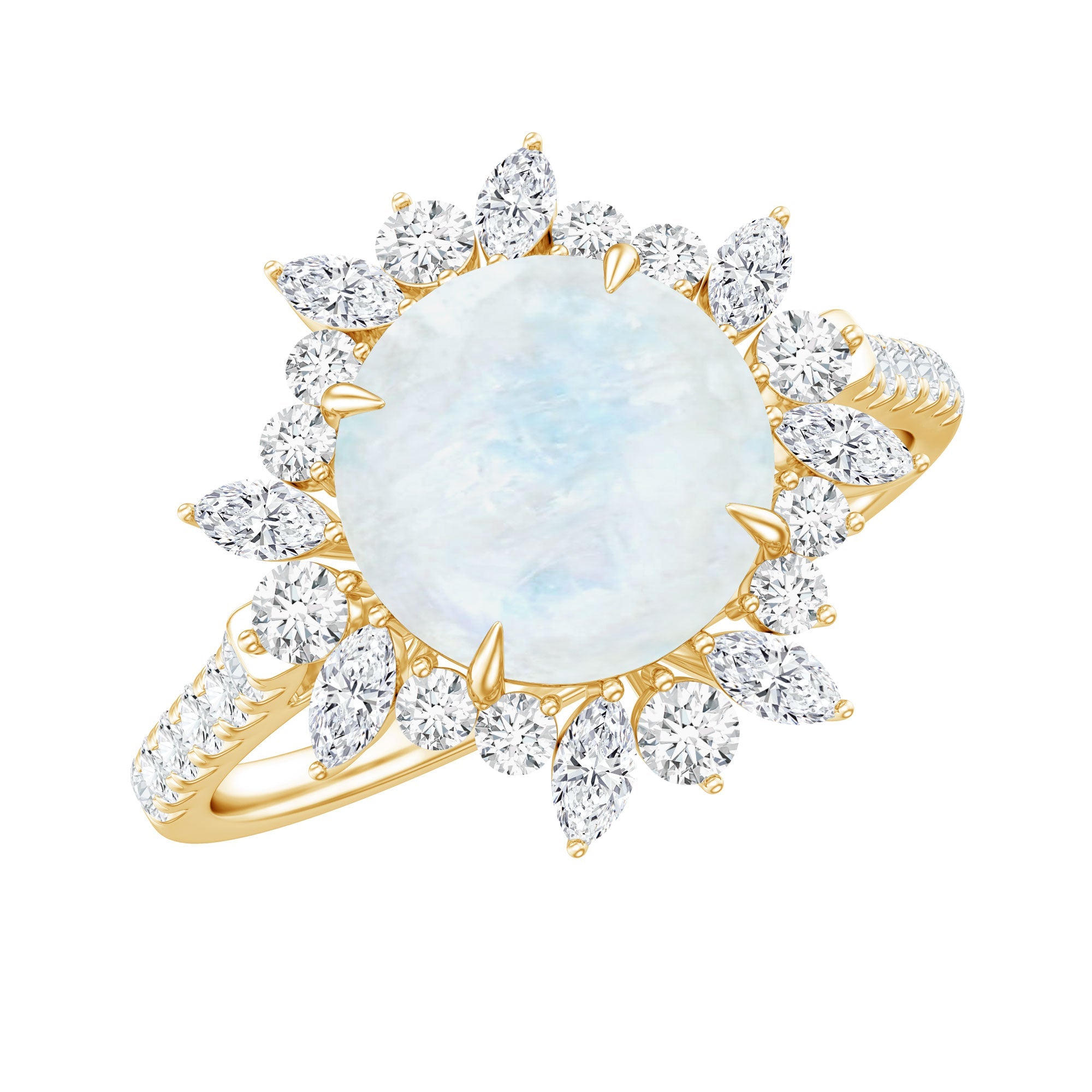 Moonstone Statement Ring – Solid Gold Cocktail Ring with Moissanite Floral Halo