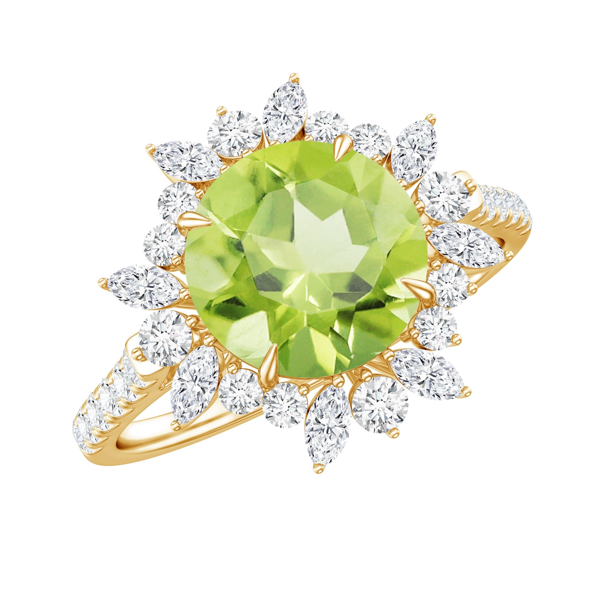 Peridot Engagement Ring – 2 Carat AAA Quality Peridot Halo Ring with Moissanite