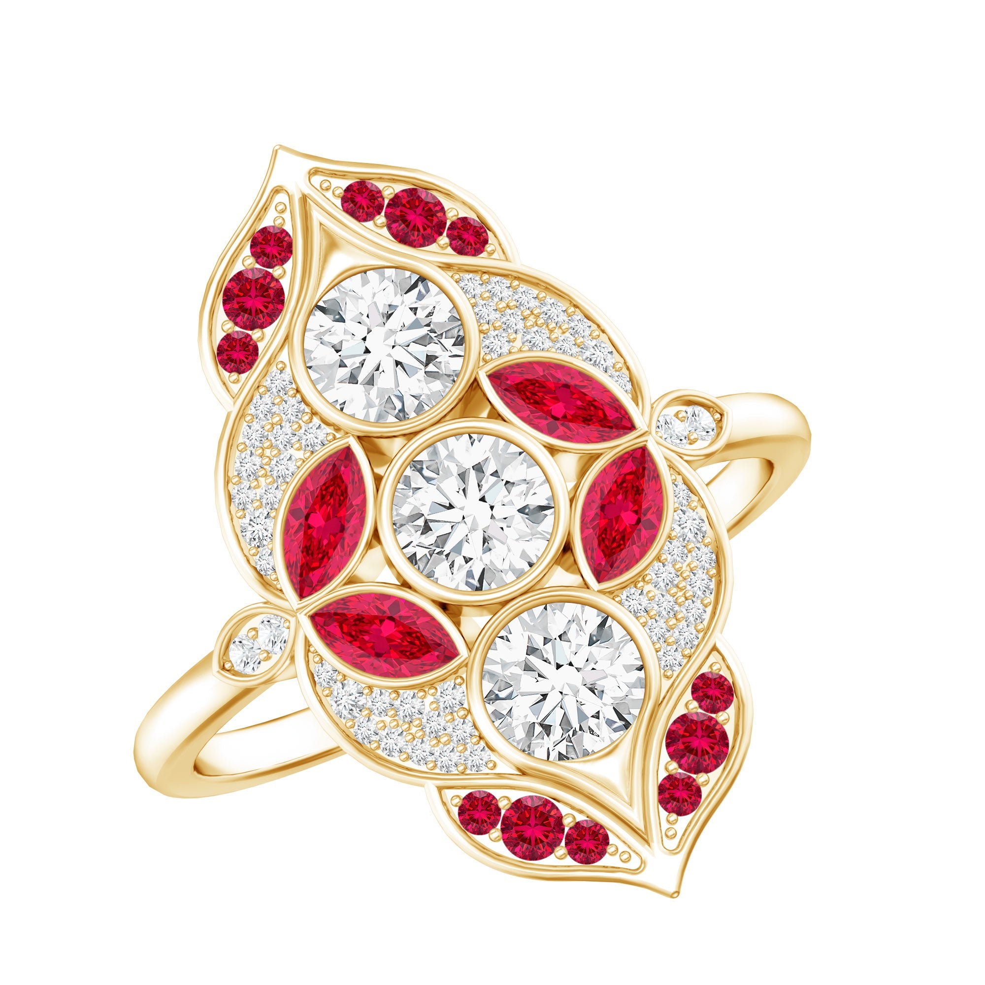 Lab Grown Ruby Ring – Art Deco Cocktail Engagement With Moissanite Halo