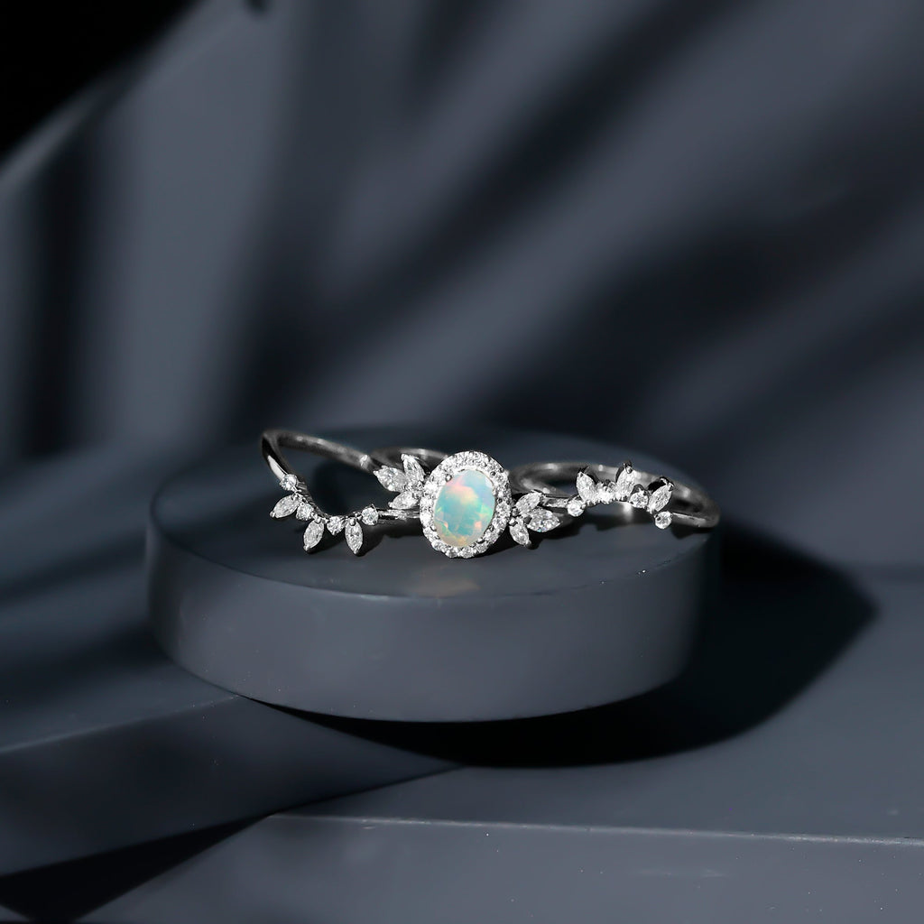 0.9 Carat Natural Certified Ethiopian Opal Engagement Ring Set of 3