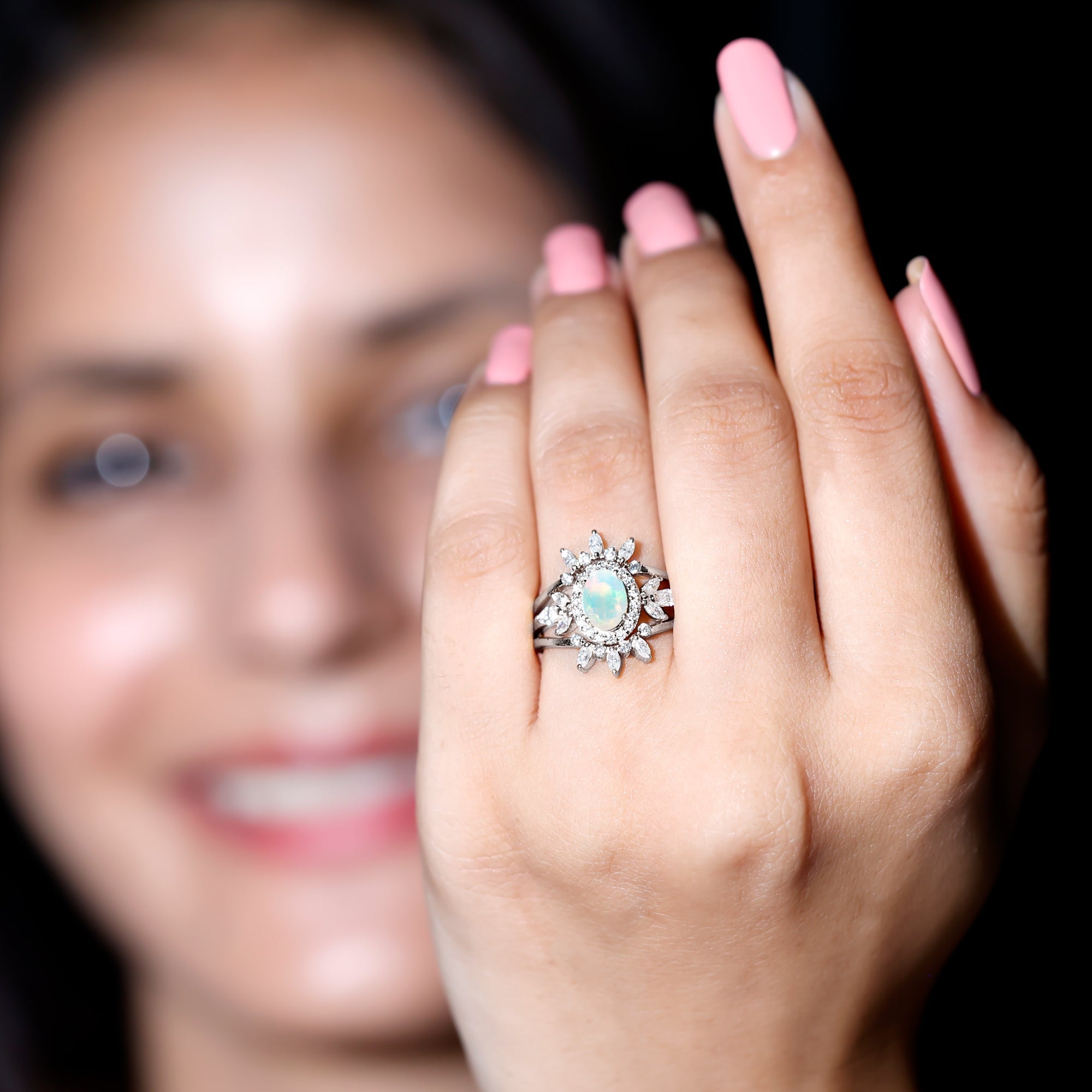 0.9 Carat Natural Certified Ethiopian Opal Engagement Ring Set of 3