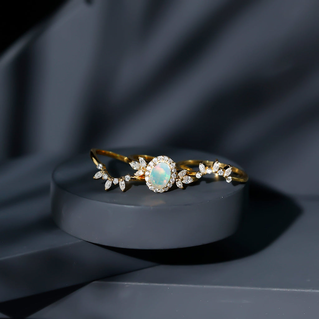 0.9 Carat Natural Certified Ethiopian Opal Engagement Ring Set of 3