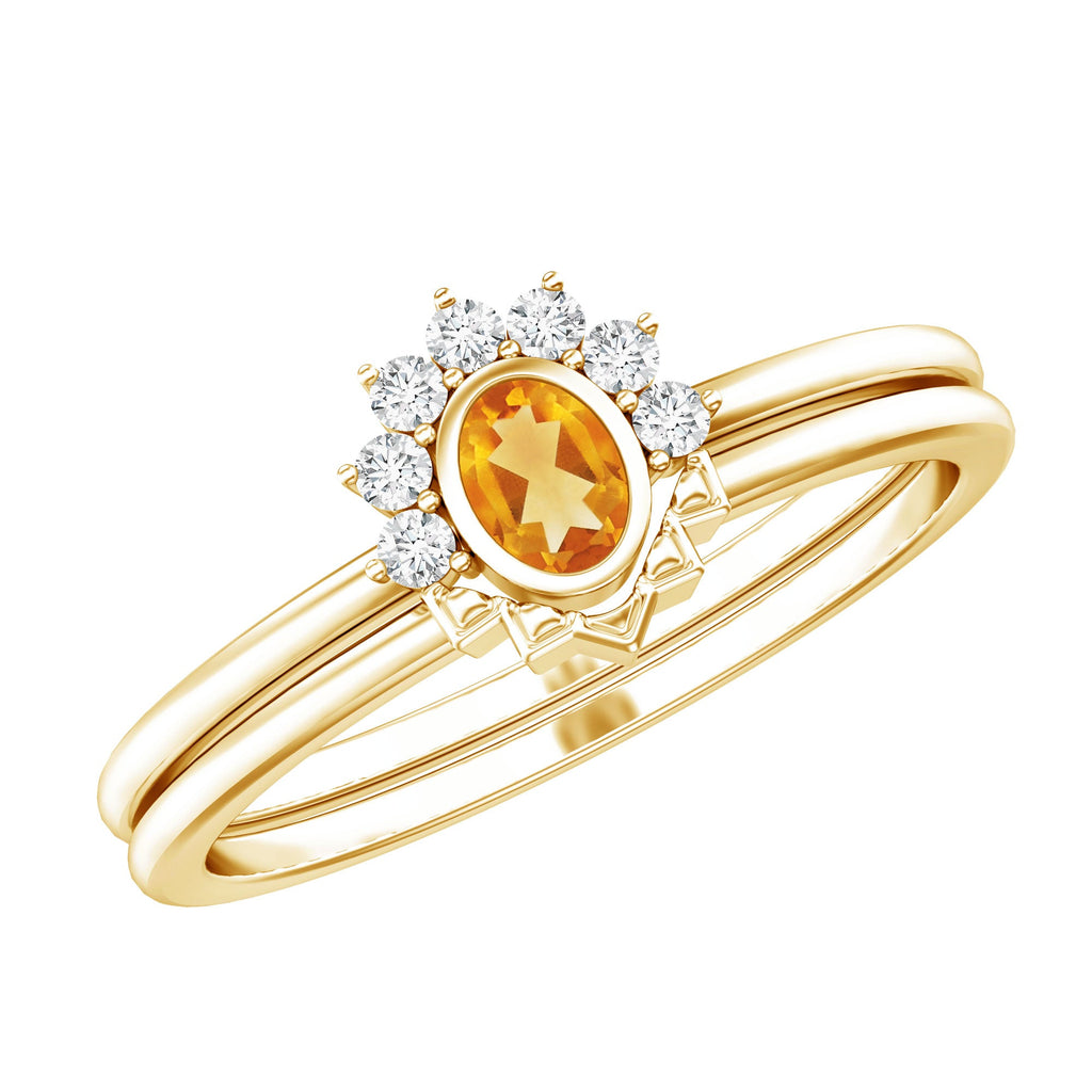 Citrine Promise Ring – Oval Yellow Gold Engagement Ring Set with Diamond Halo