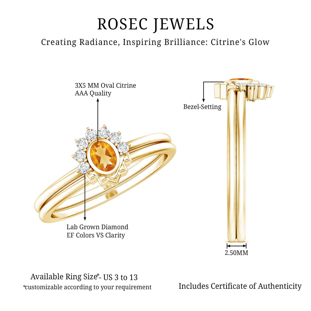 Citrine Promise Ring – Oval Yellow Gold Engagement Ring Set with Diamond Halo