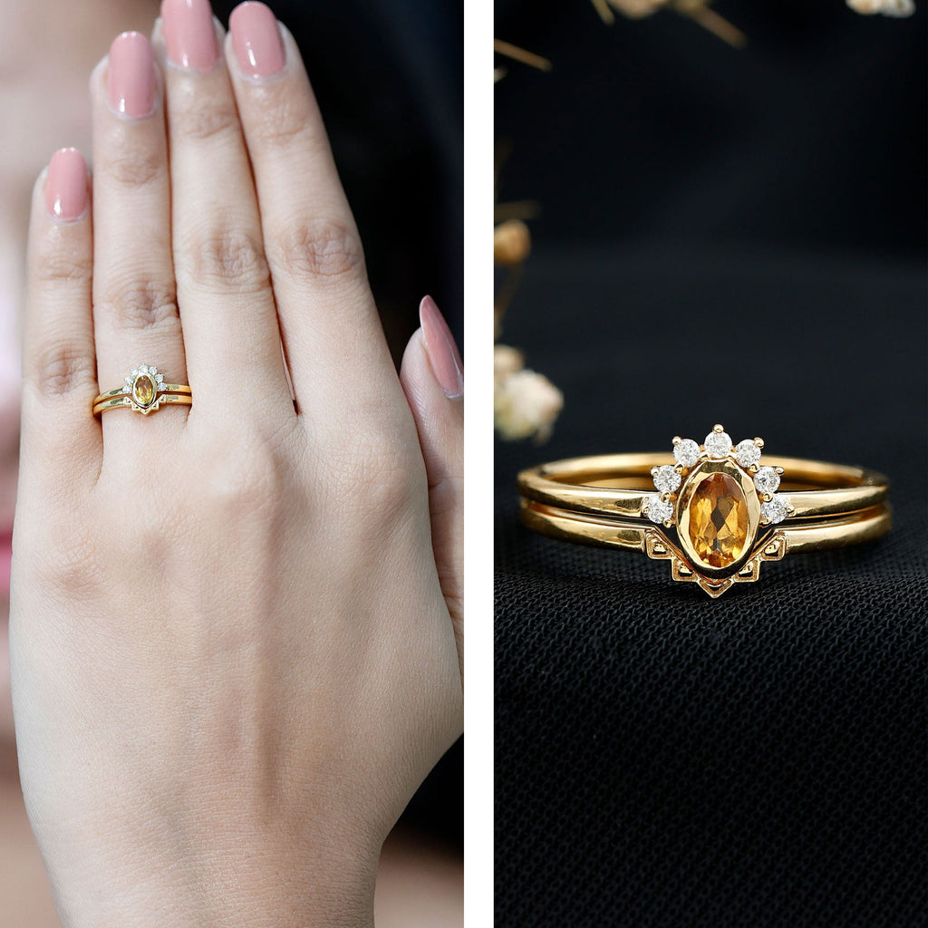 Citrine Promise Ring – Oval Yellow Gold Engagement Ring Set with Diamond Halo