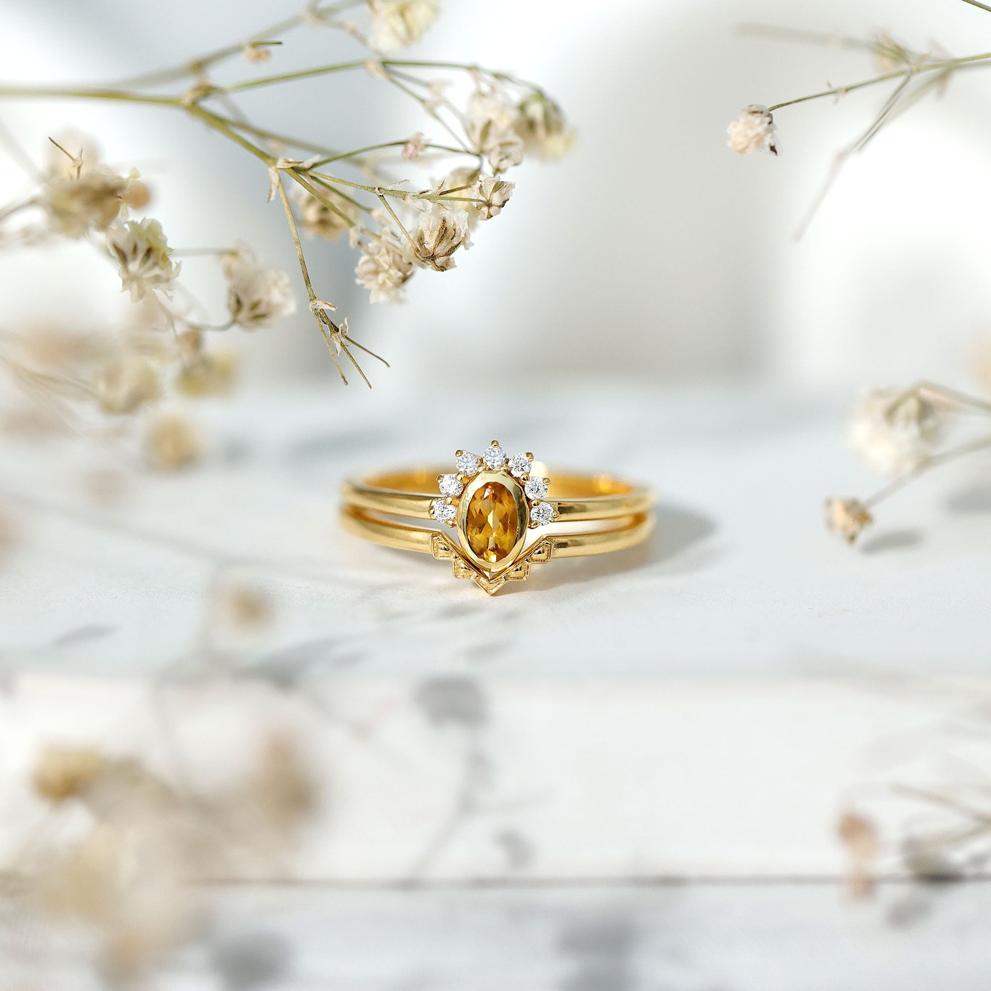 Citrine Promise Ring – Oval Yellow Gold Engagement Ring Set with Diamond Halo