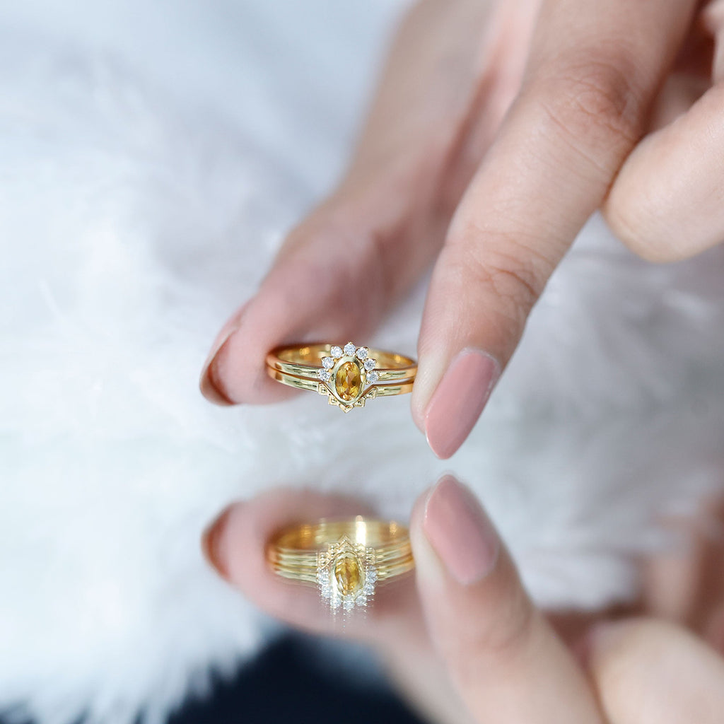 Citrine Promise Ring – Oval Yellow Gold Engagement Ring Set with Diamond Halo